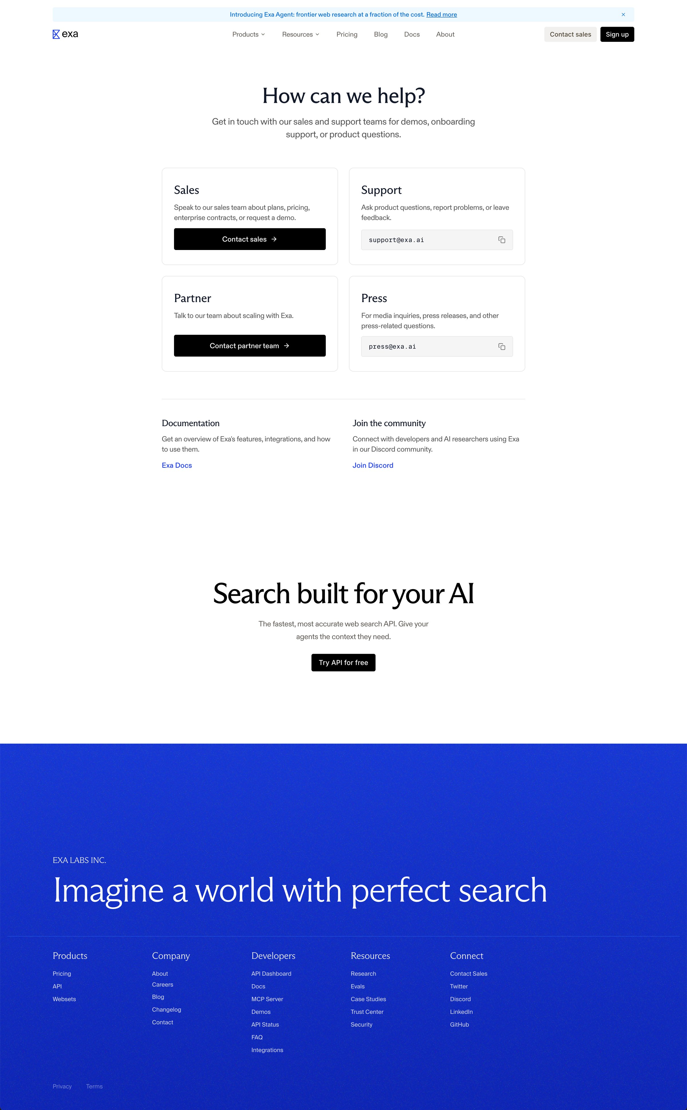 Exa - Contact Exa AI Your Enterprise AI Web Search Engine Support, Sales, & Press screen