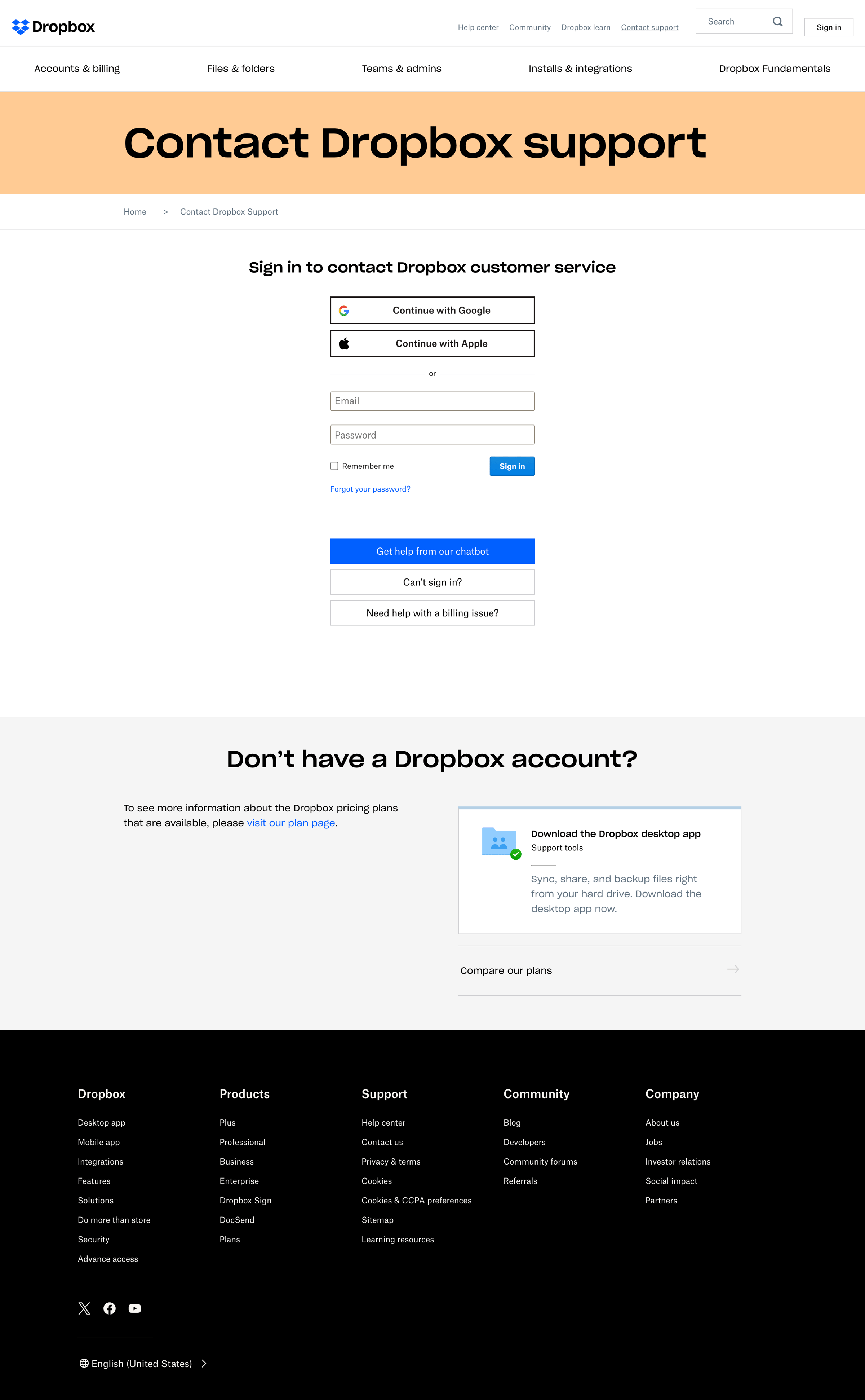 Dropbox - Dropbox - Contact Dropbox support screen