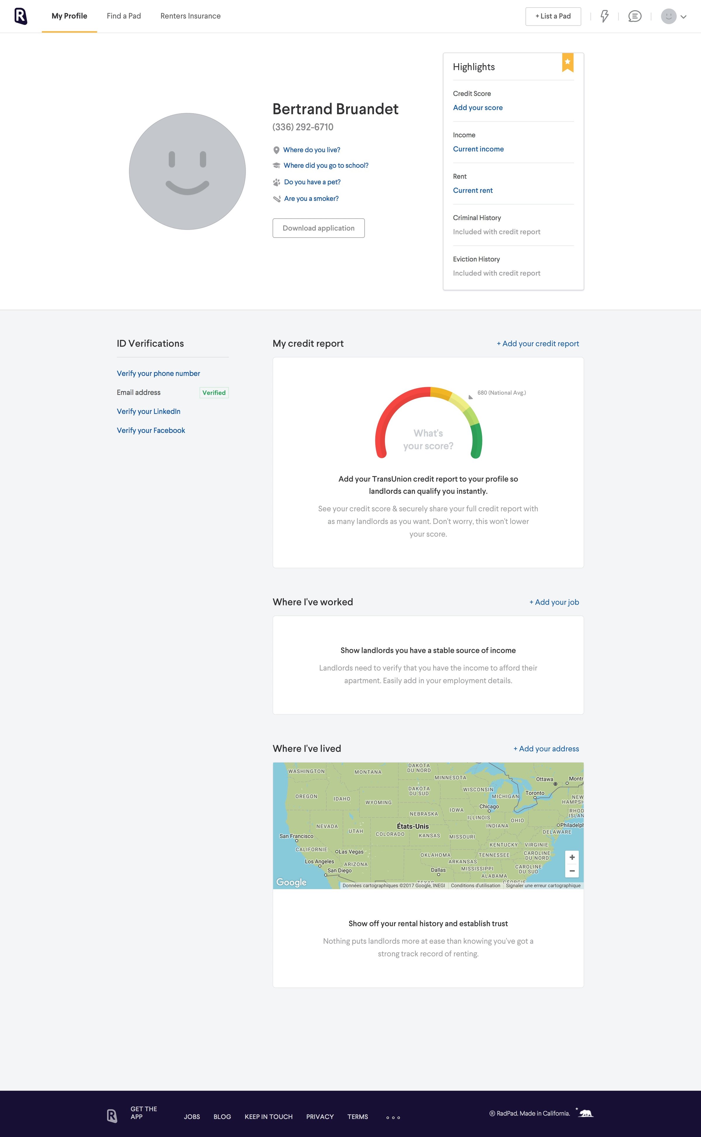 Radpad - Profile screen