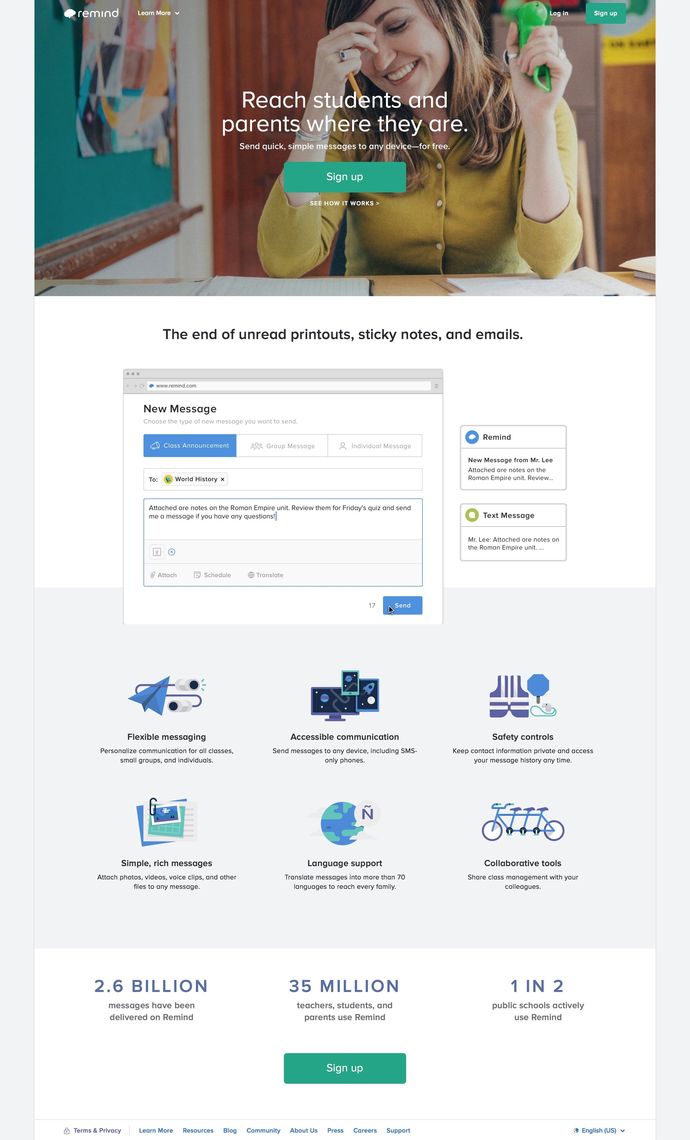 Remind - Landing page screen