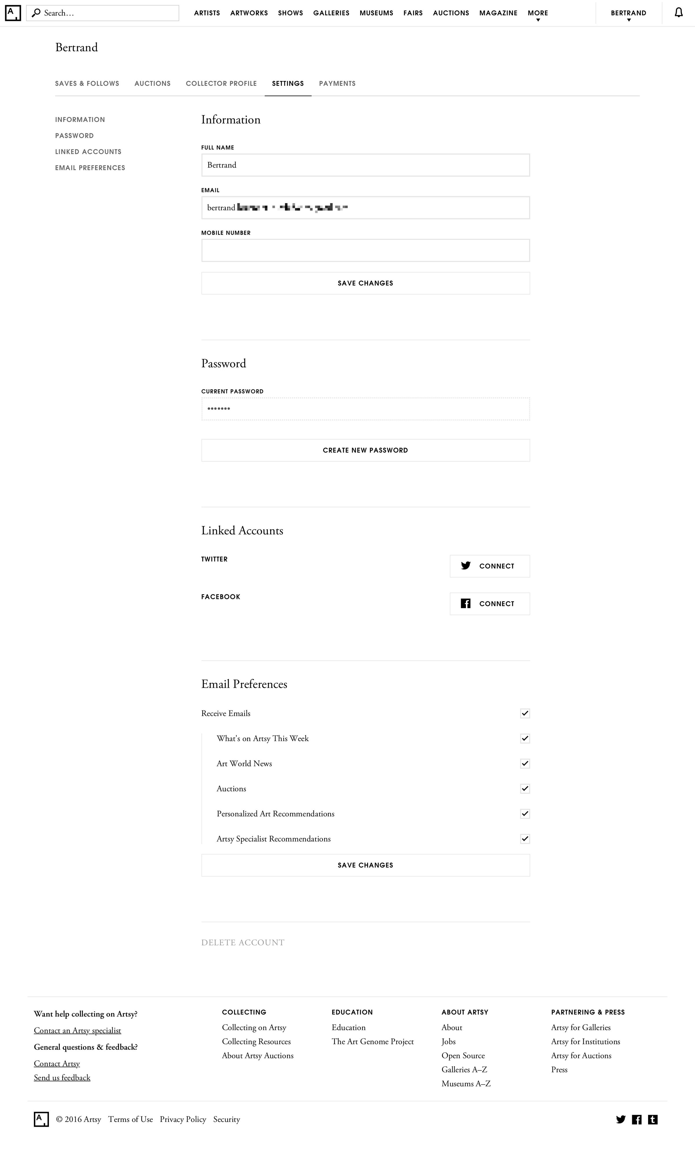 Artsy - Settings screen