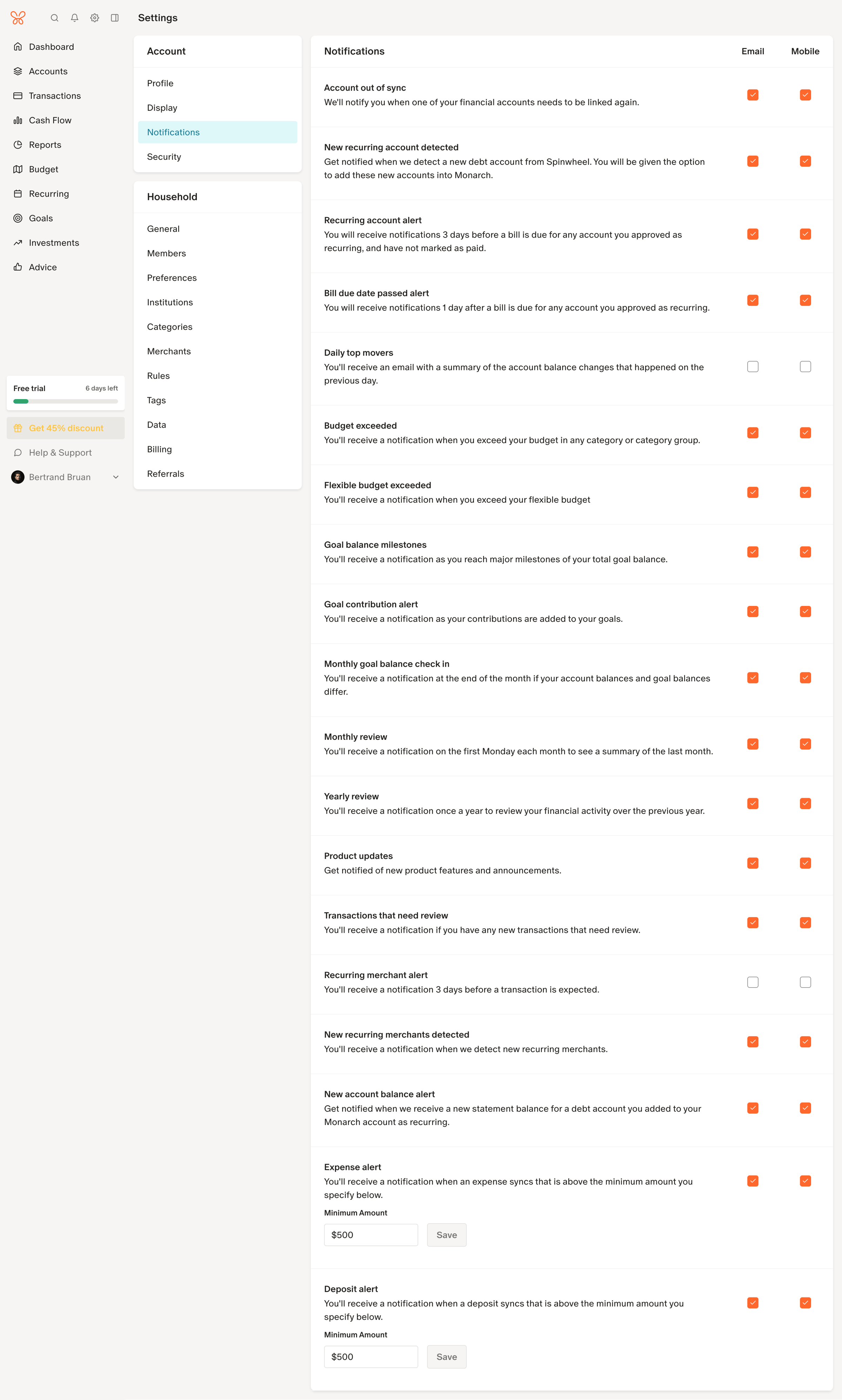 Monarch - Notification Settings screen