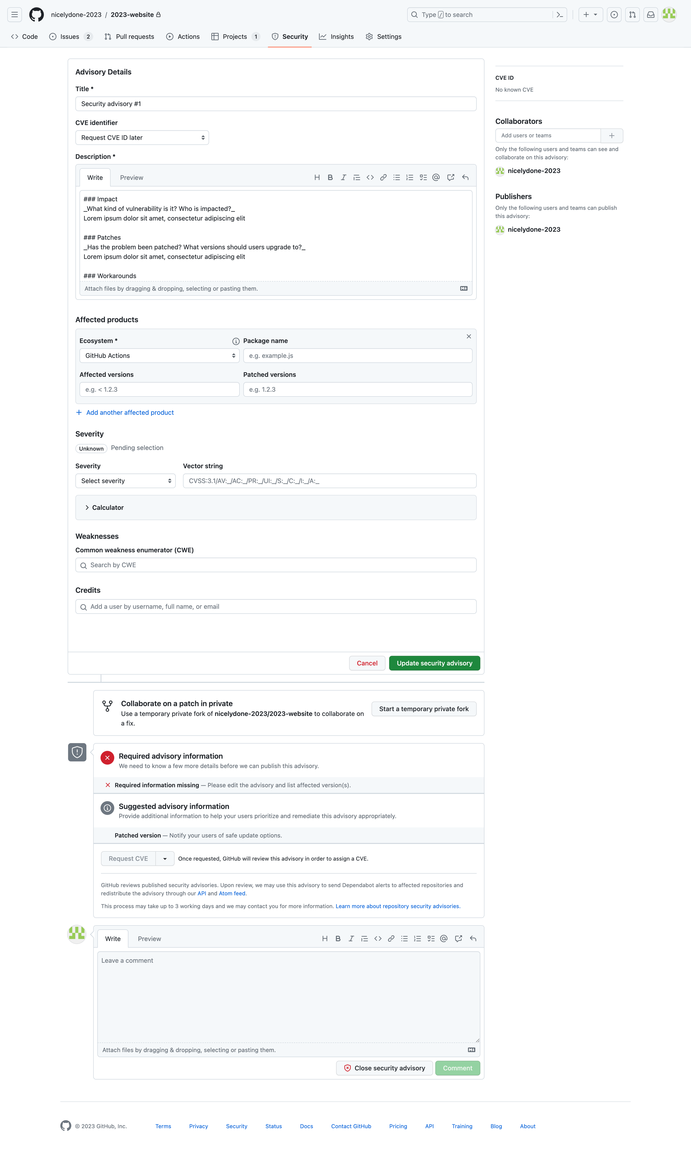 Github - Security advisory 1 · Advisory · nicelydone-20232023-website screen