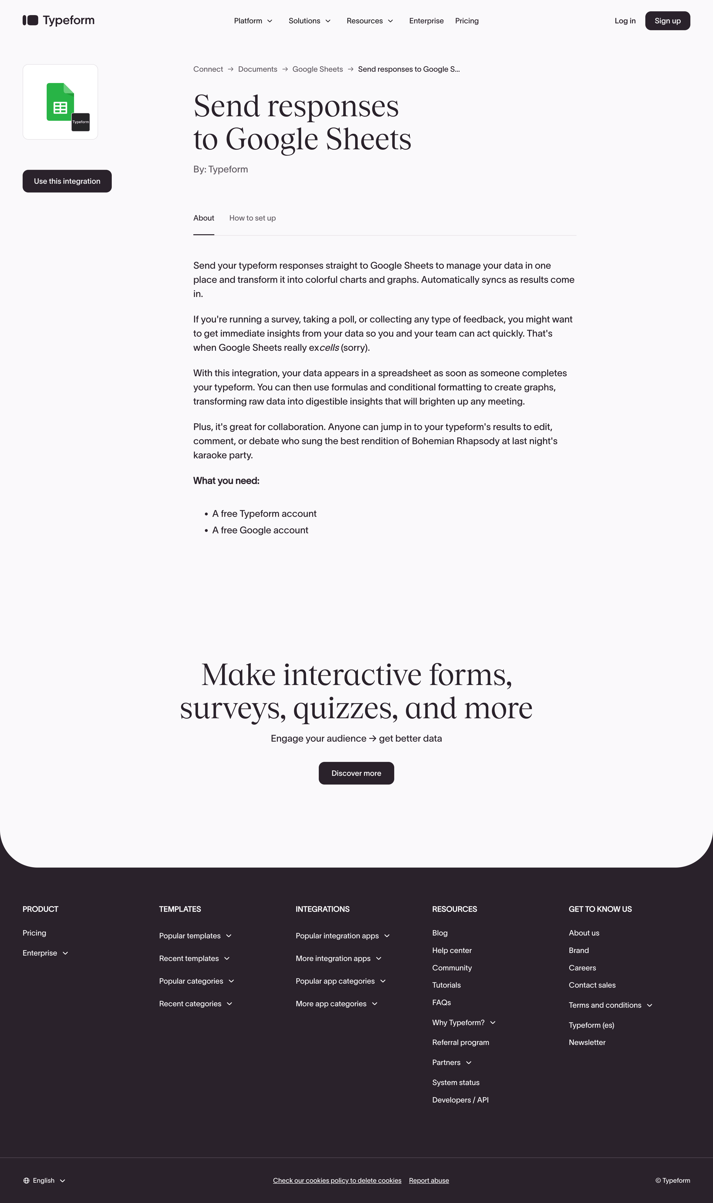 Typeform - Send responses to Google Sheets Typeform Connect screen