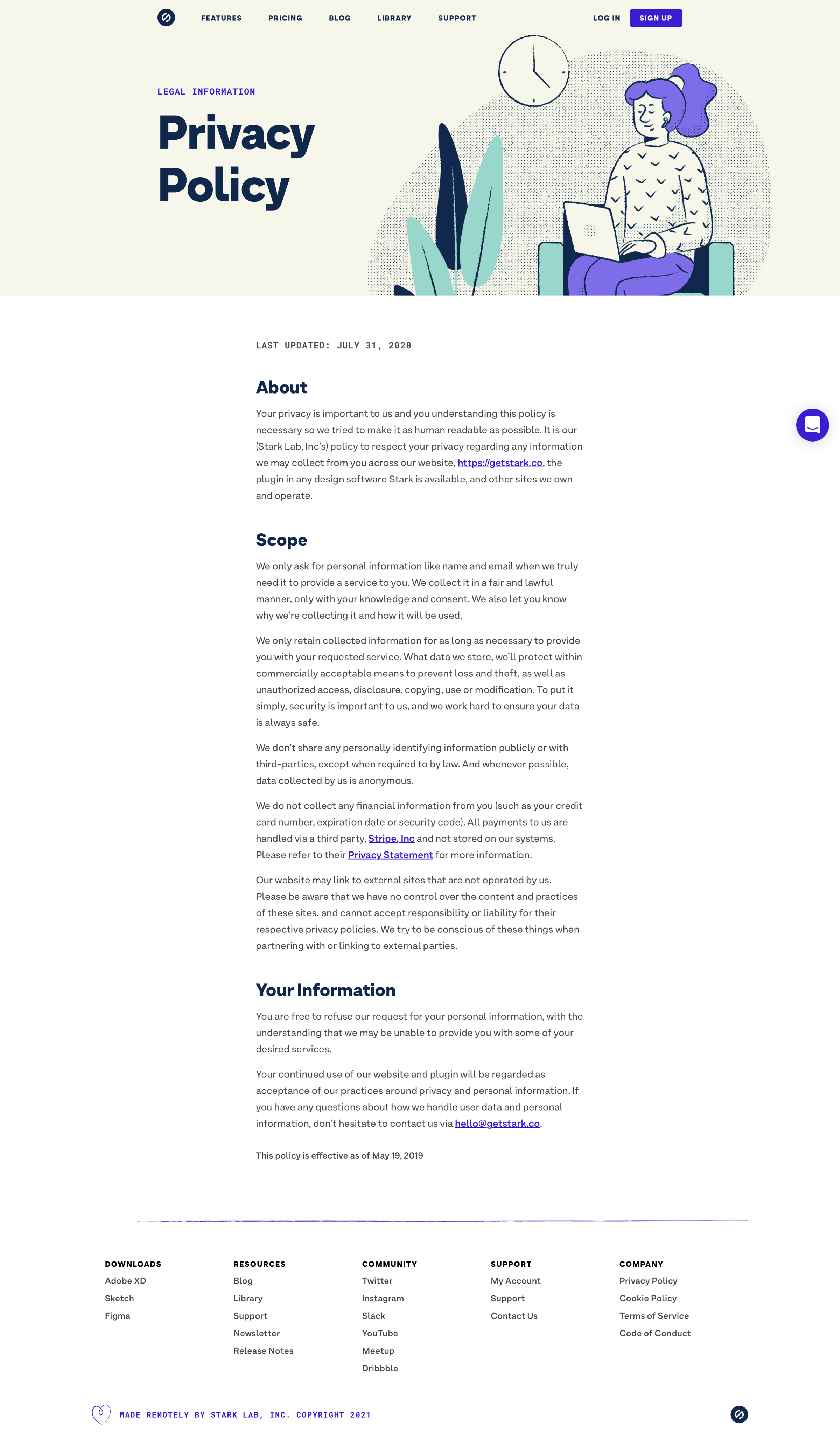 Stark - Legal Information. Privacy Policy screen