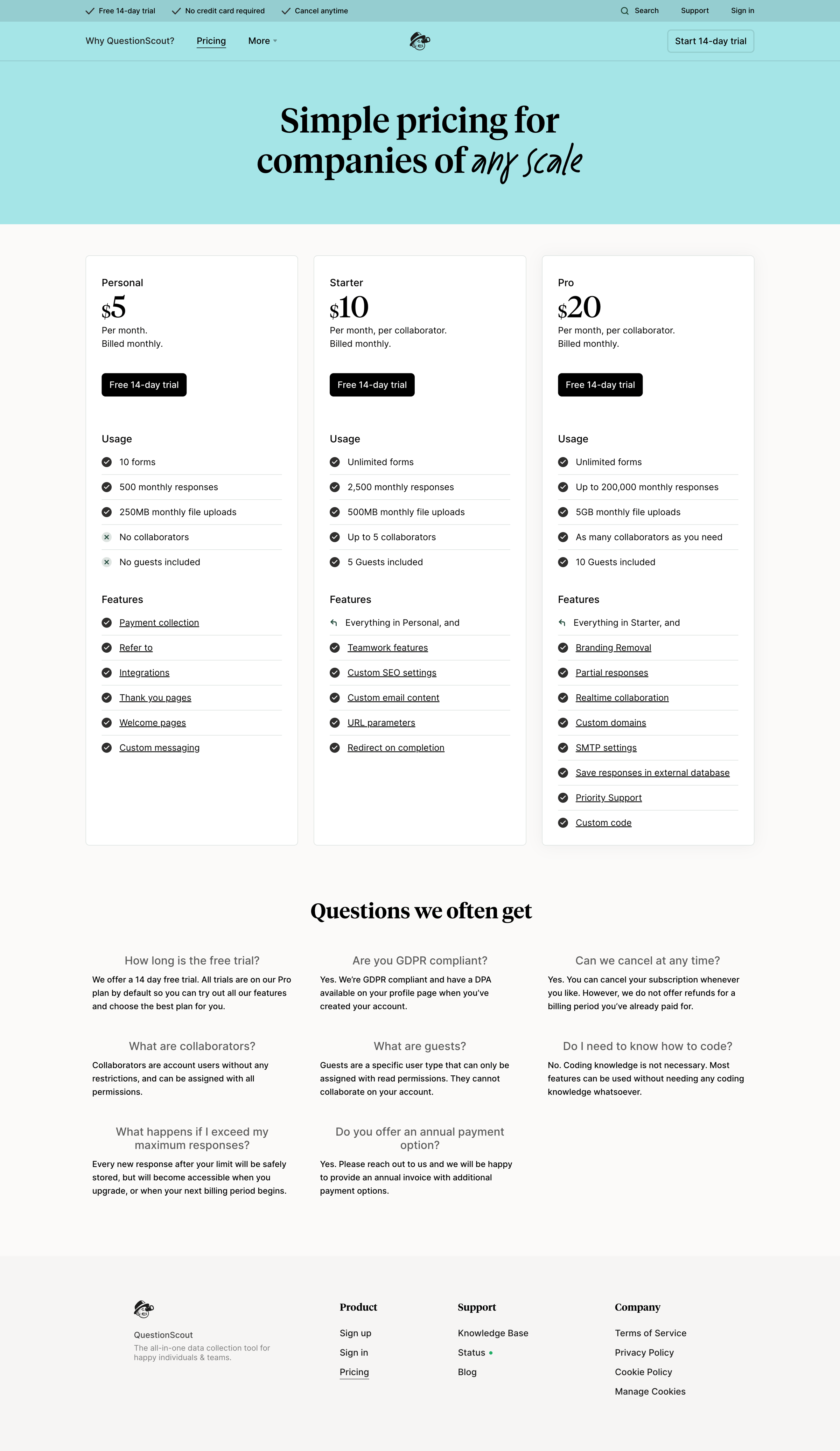 QuestionScout - Plans | Pricing QuestionScout screen