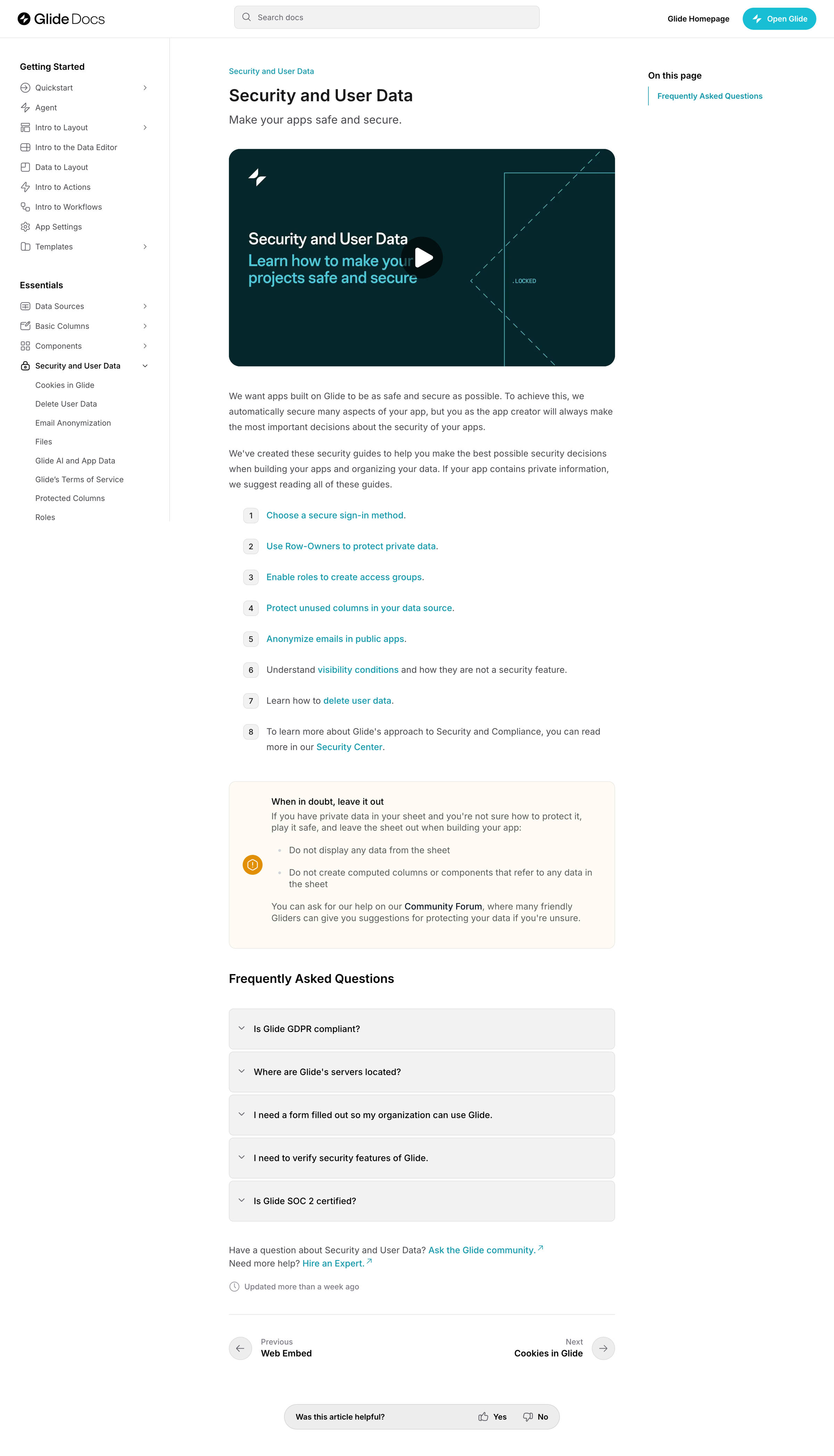 Glide - Security and User Data Glide Docs screen