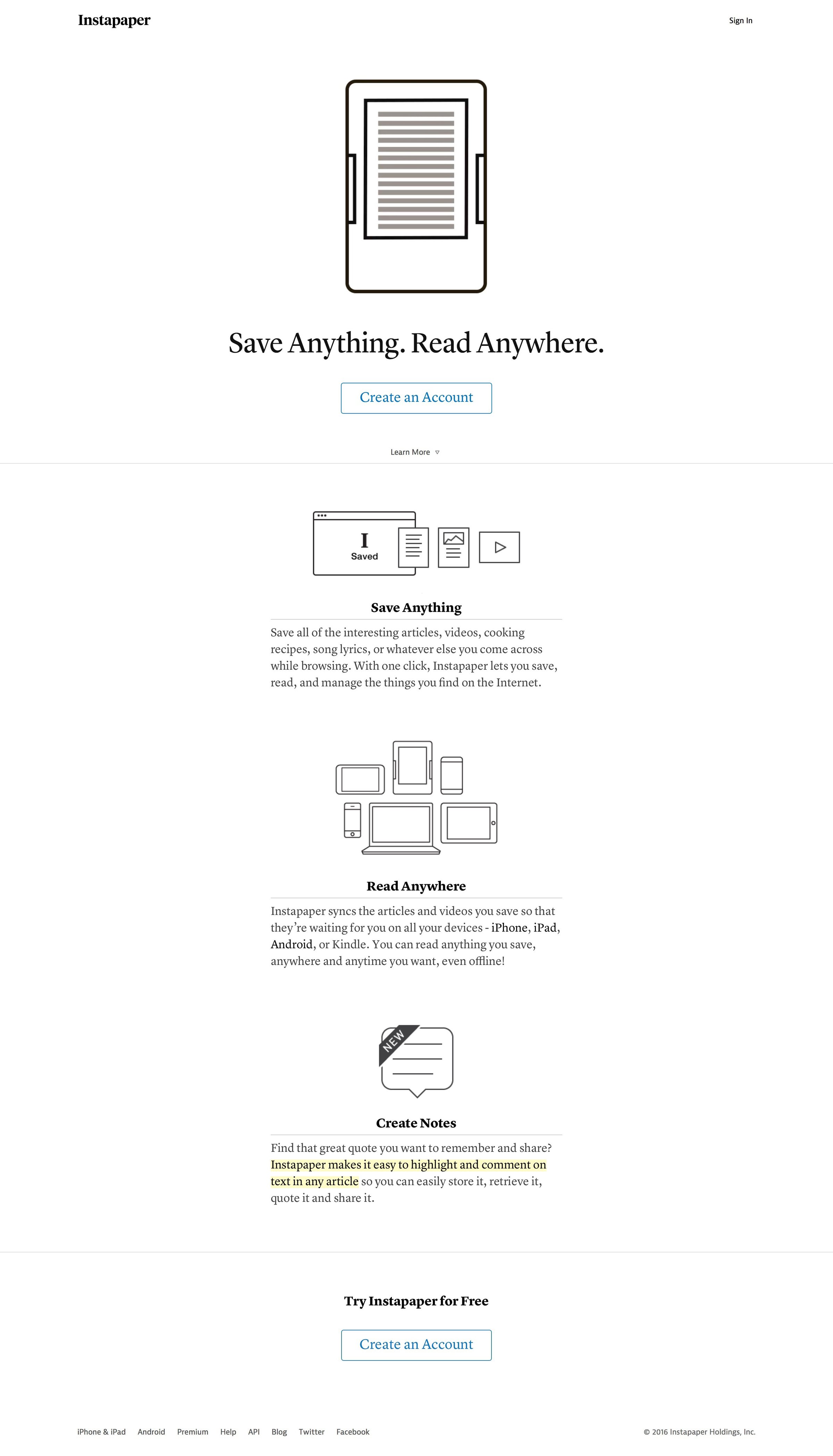 Instapaper - Landing page screen