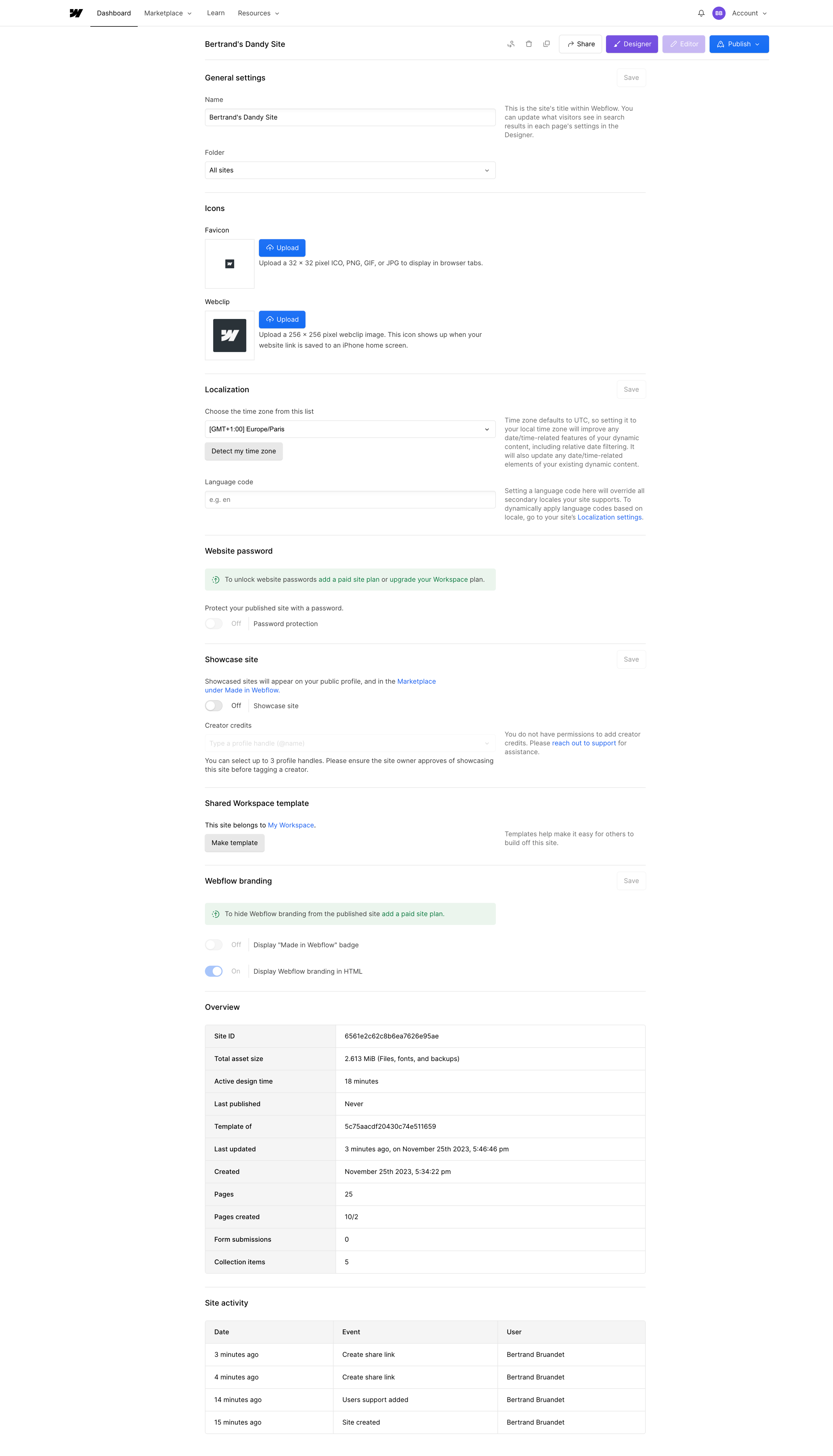Bertrands Dandy Site - Settings - Webflow from Webflow