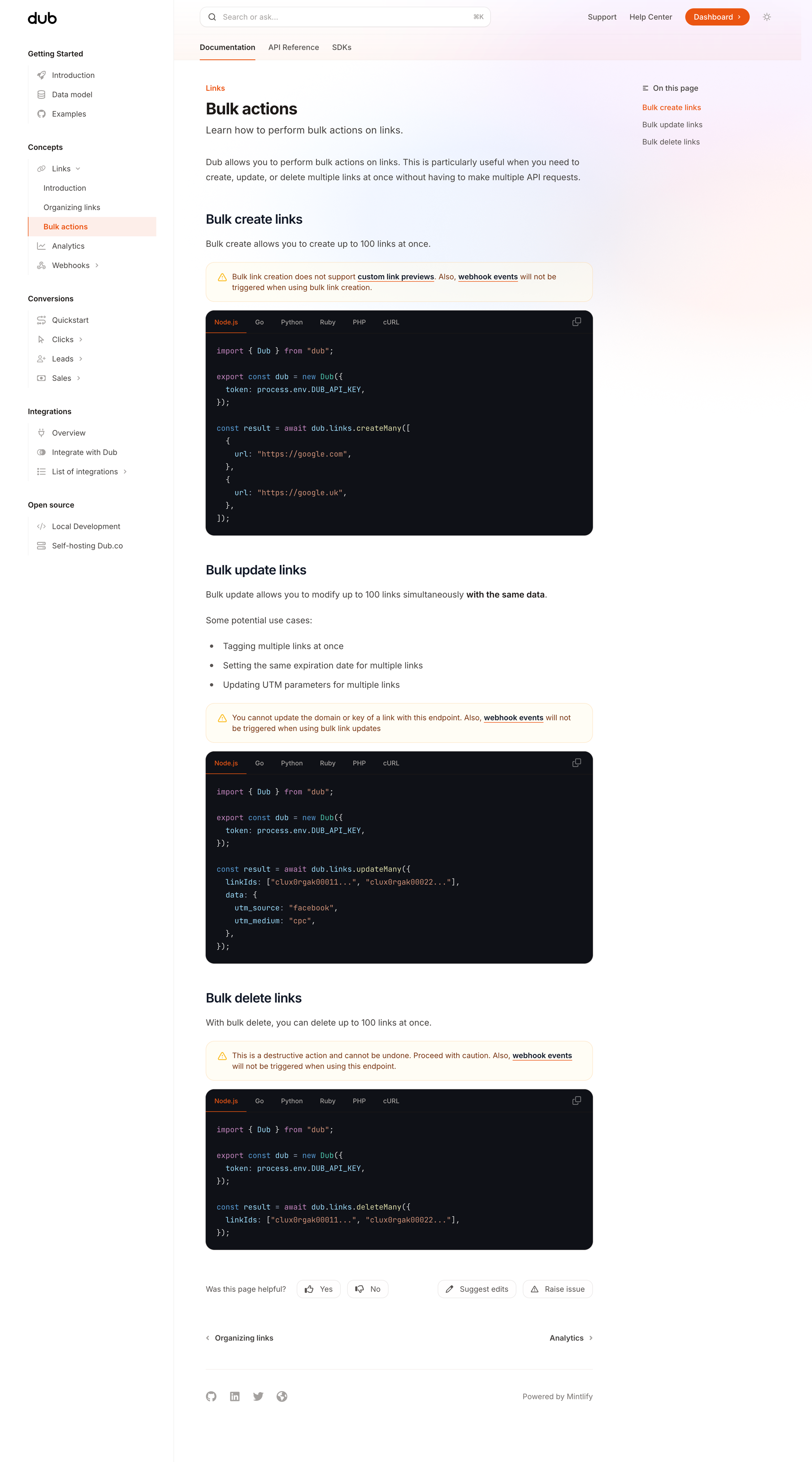 Dub - Bulk actions - Dub.co Docs screen