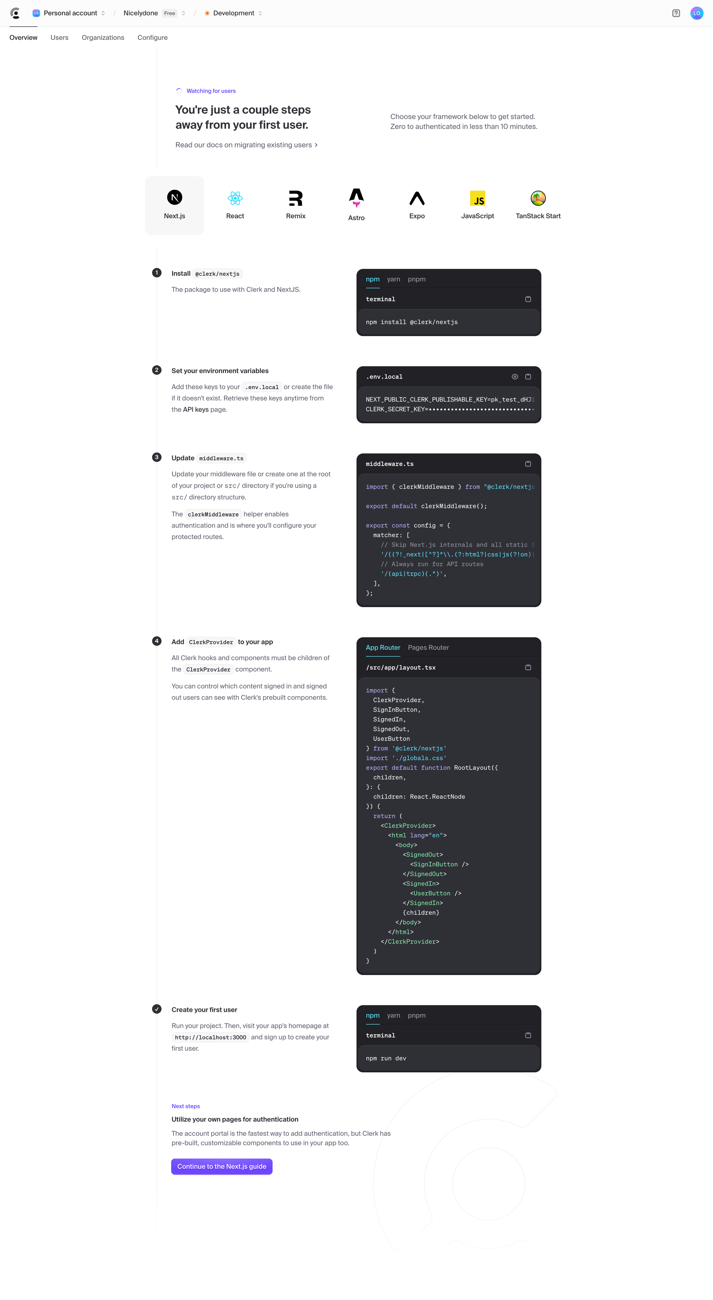 Clerk - Dashboard | Clerk.com screen