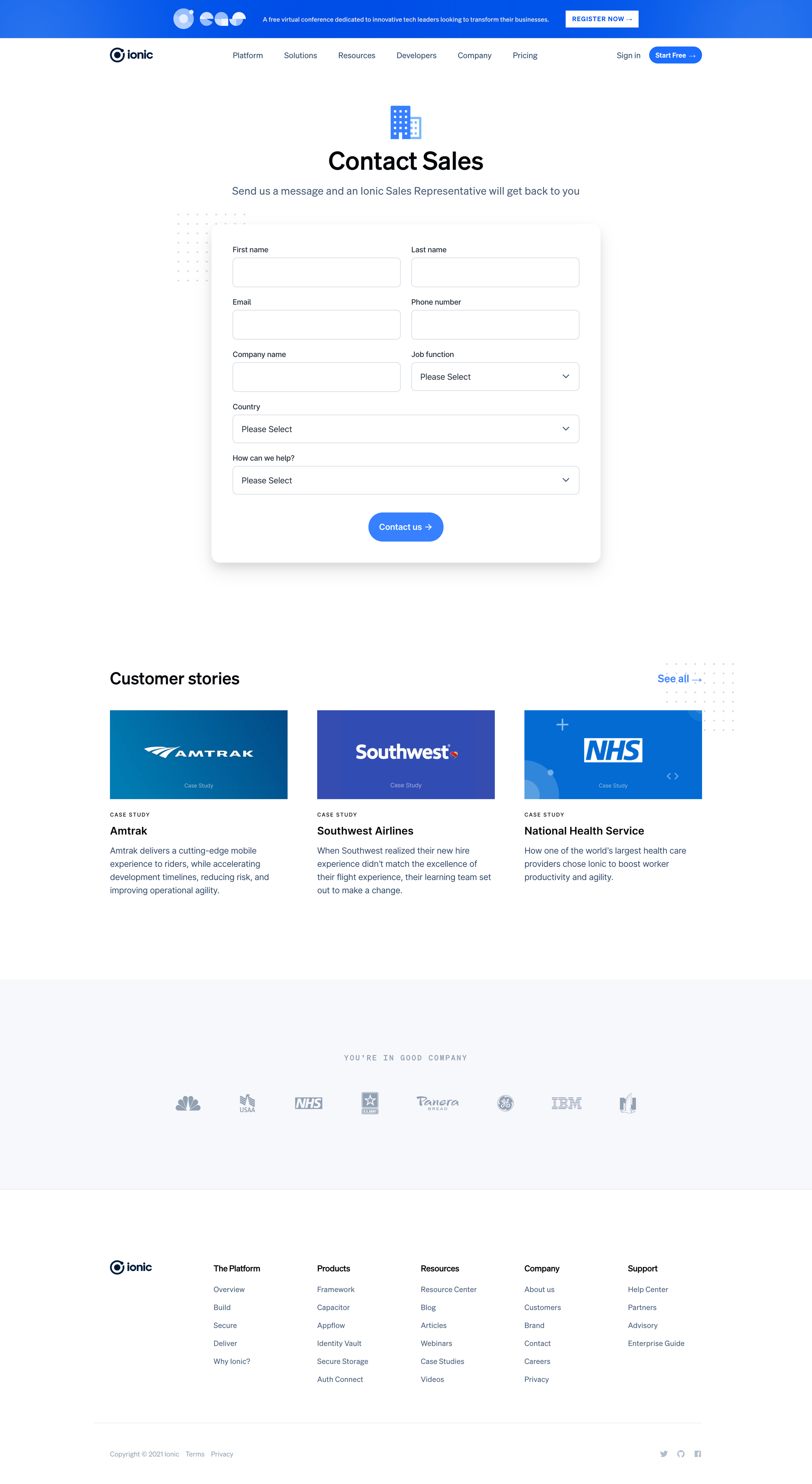 Ionic - Contact Ionic Sales - Ionic - The Cross-Platform App Development screen