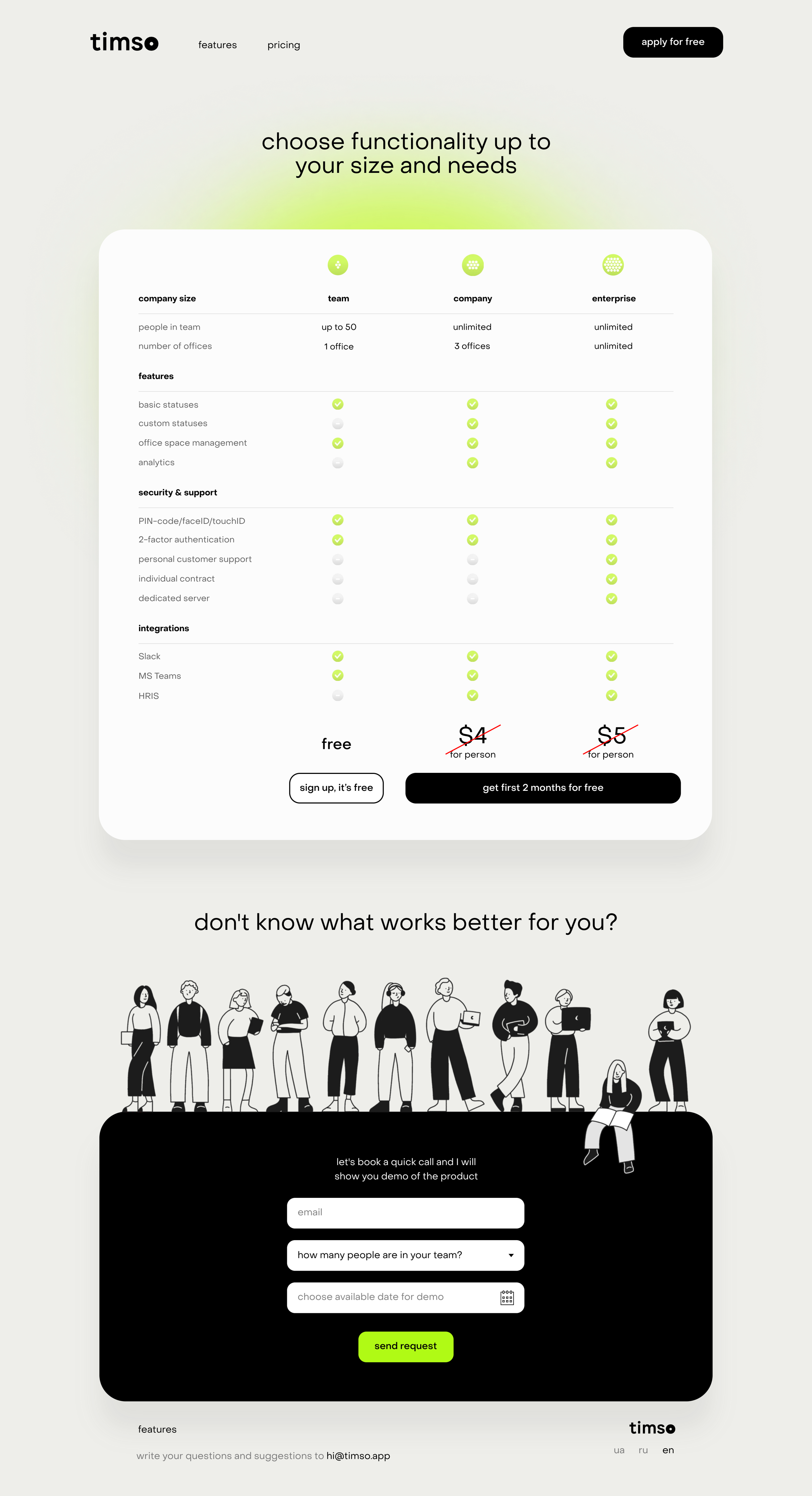 Timso - pricing screen