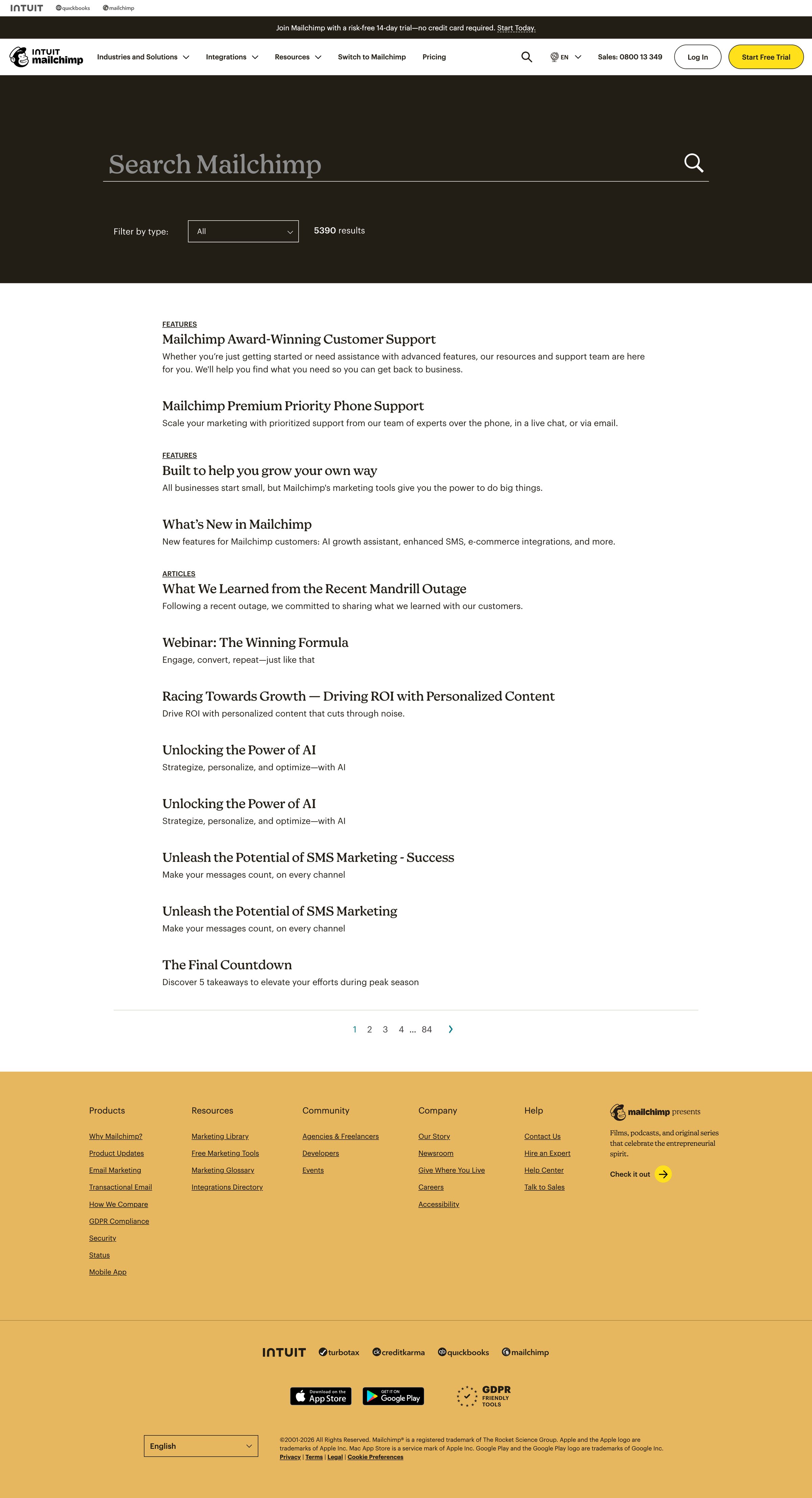 Mailchimp - Search Mailchimp screen