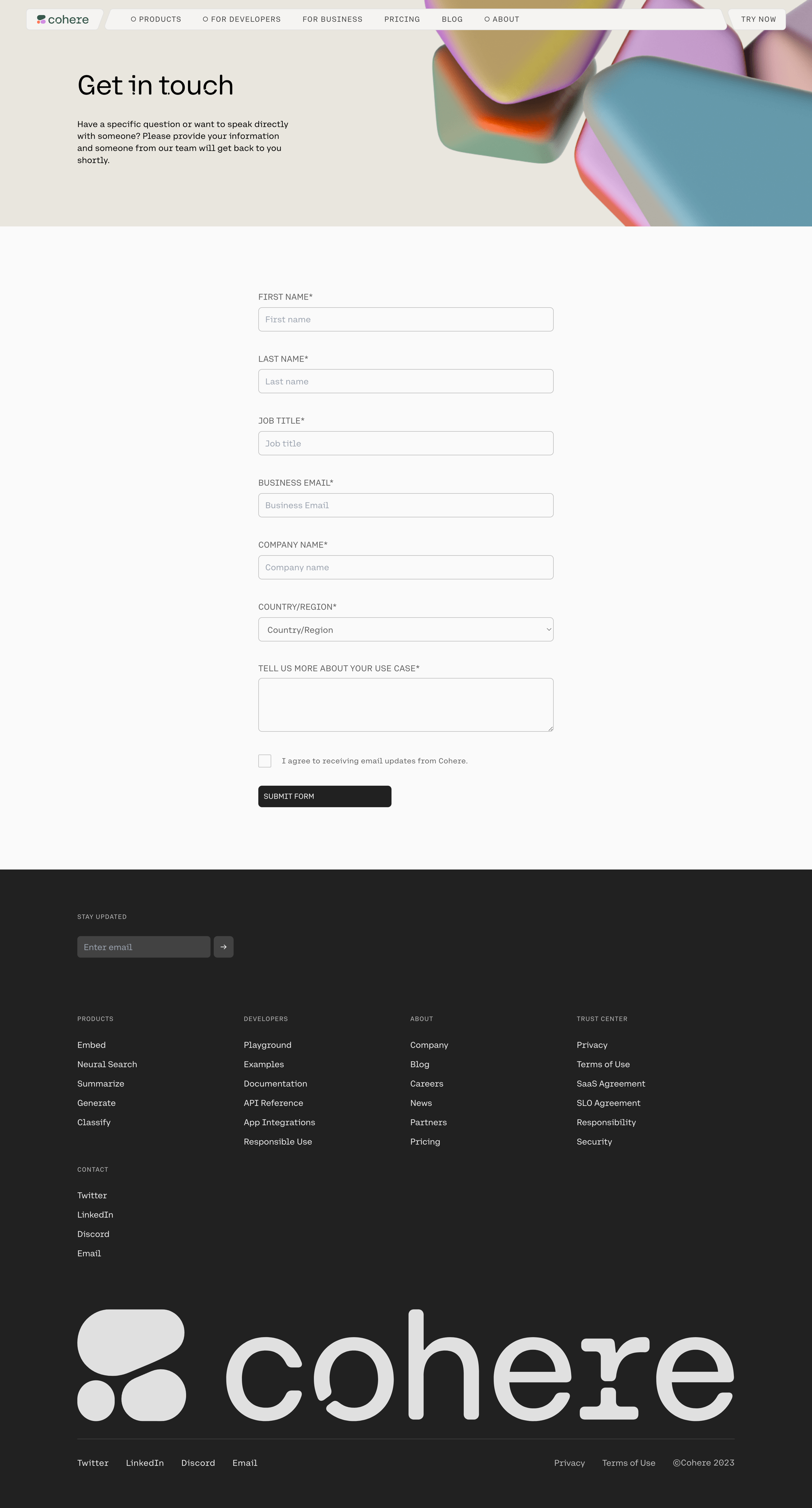 Cohere - Contact Sales - Get in Touch with Coheres Team | Cohere screen