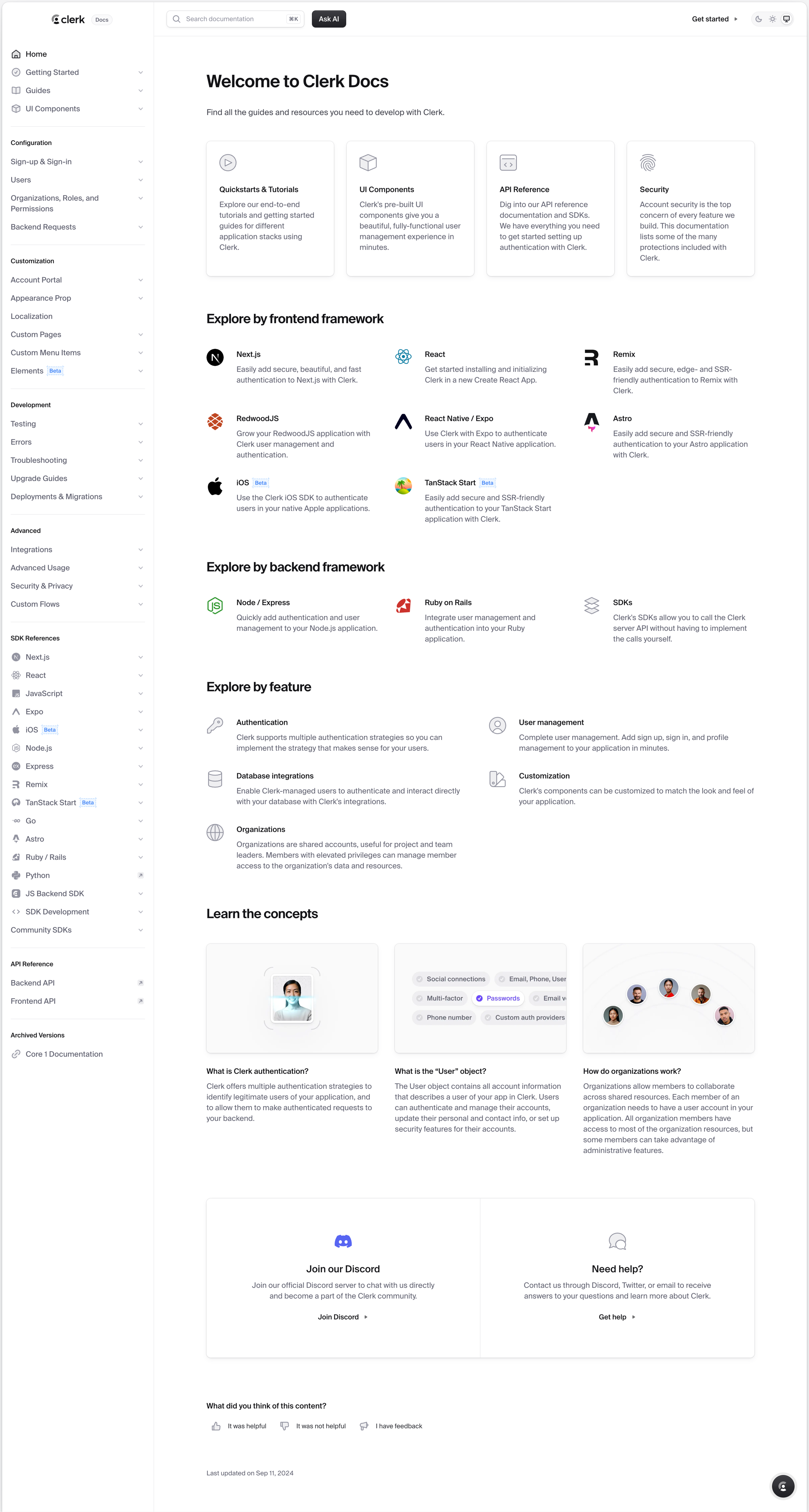 Clerk - Welcome to Clerk Docs screen