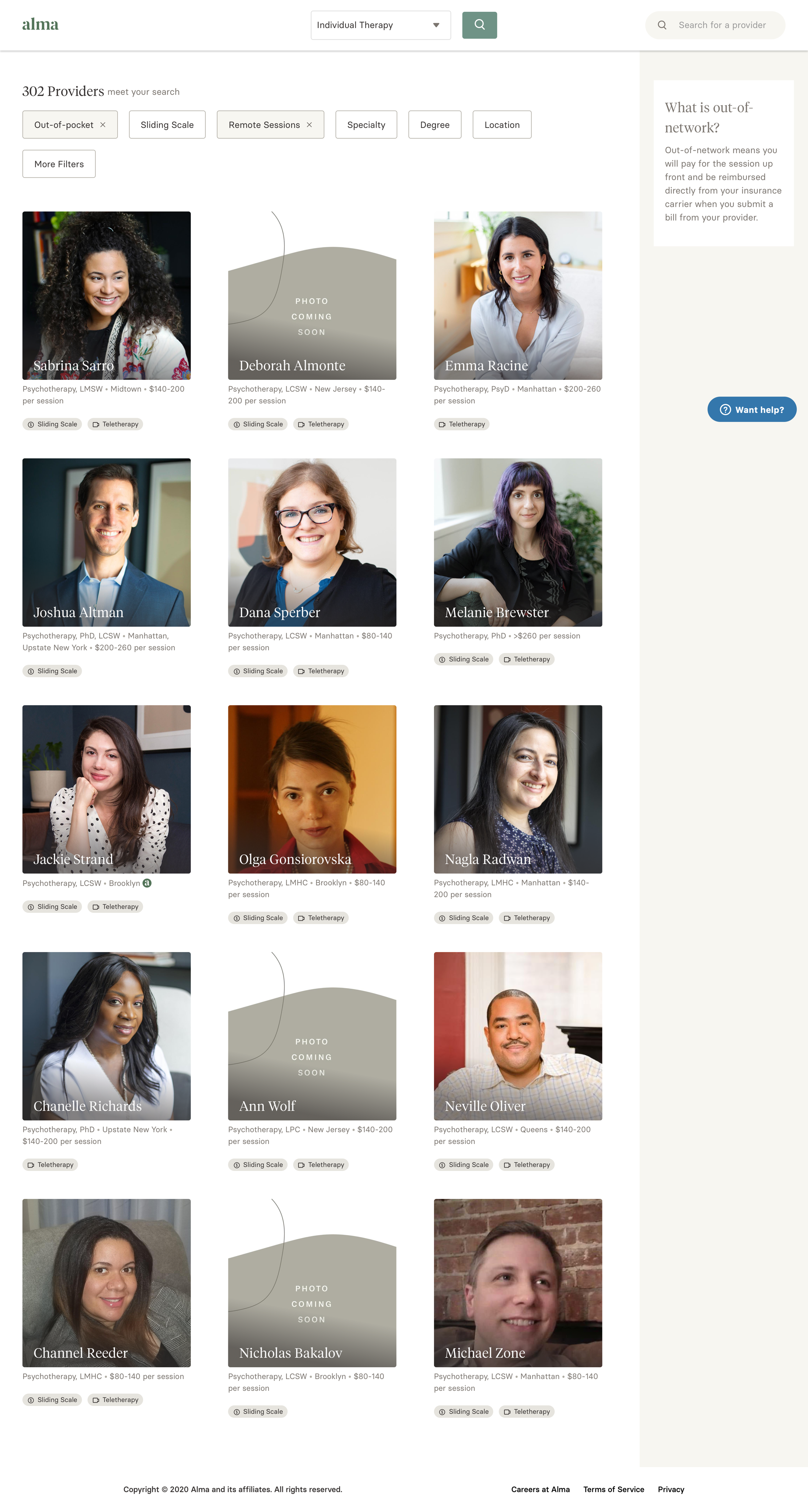 Alma - Find a Provider | Results screen