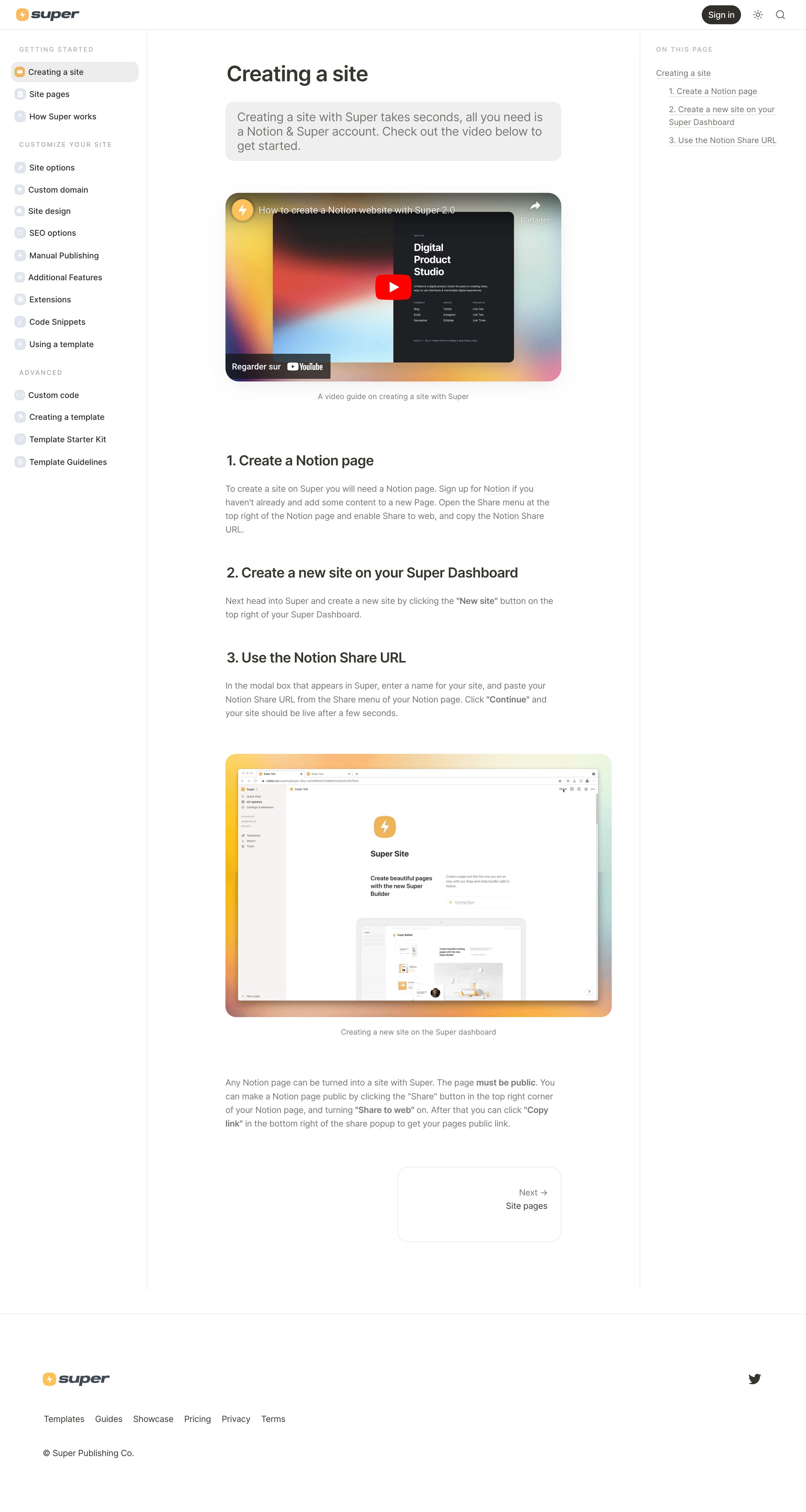 Super - Creating a site screen