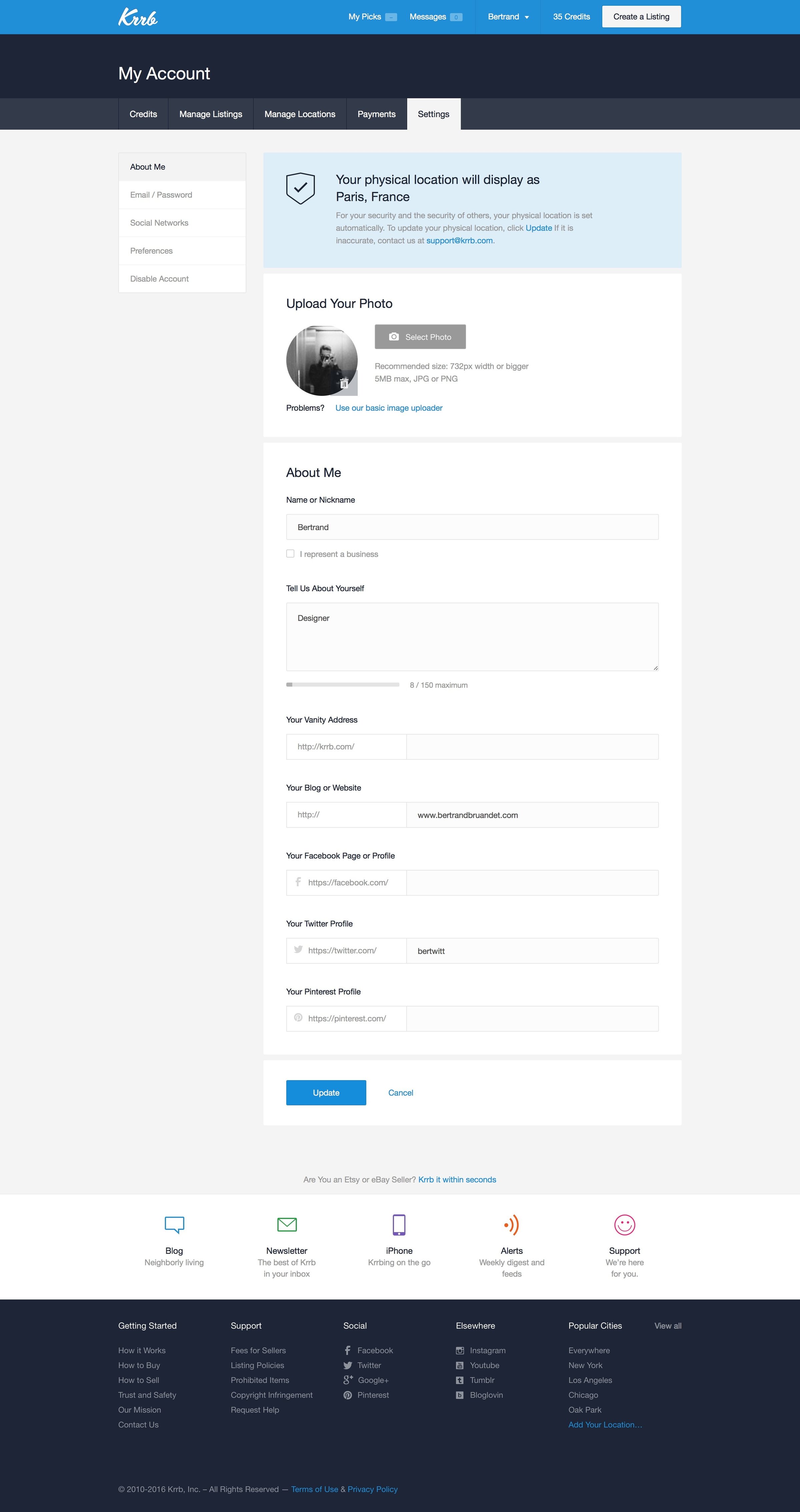 Krrb Classifieds - Settings screen