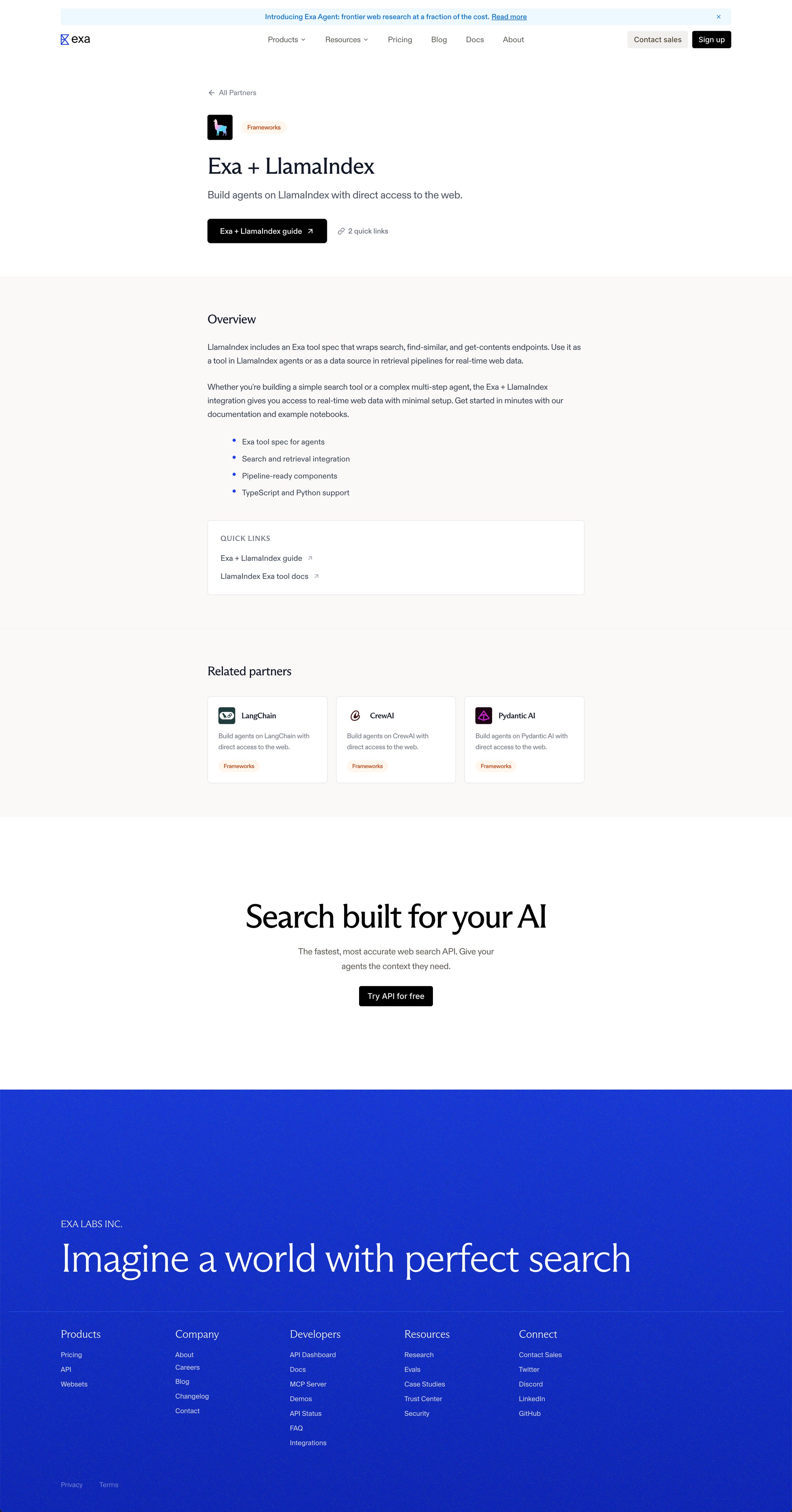 Exa - Exa + LlamaIndex — Partner Integration screen