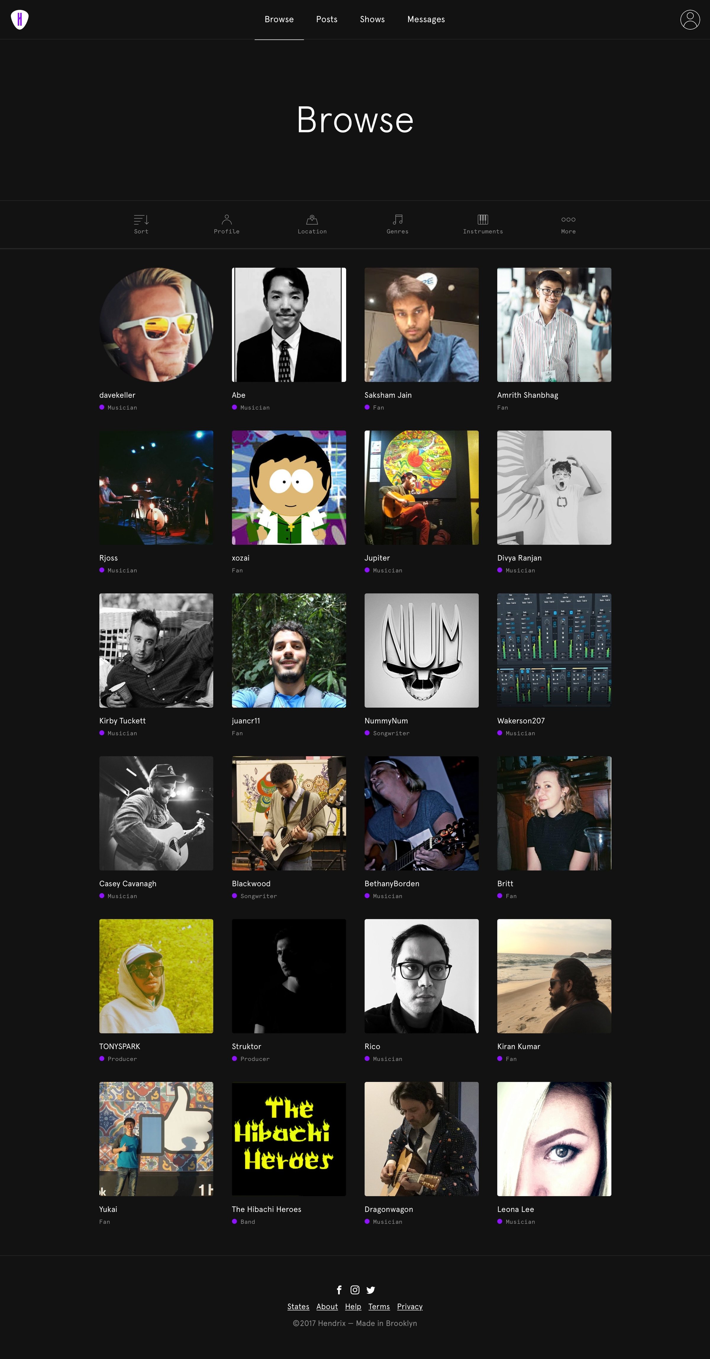 Hendrix - Browse musicians screen