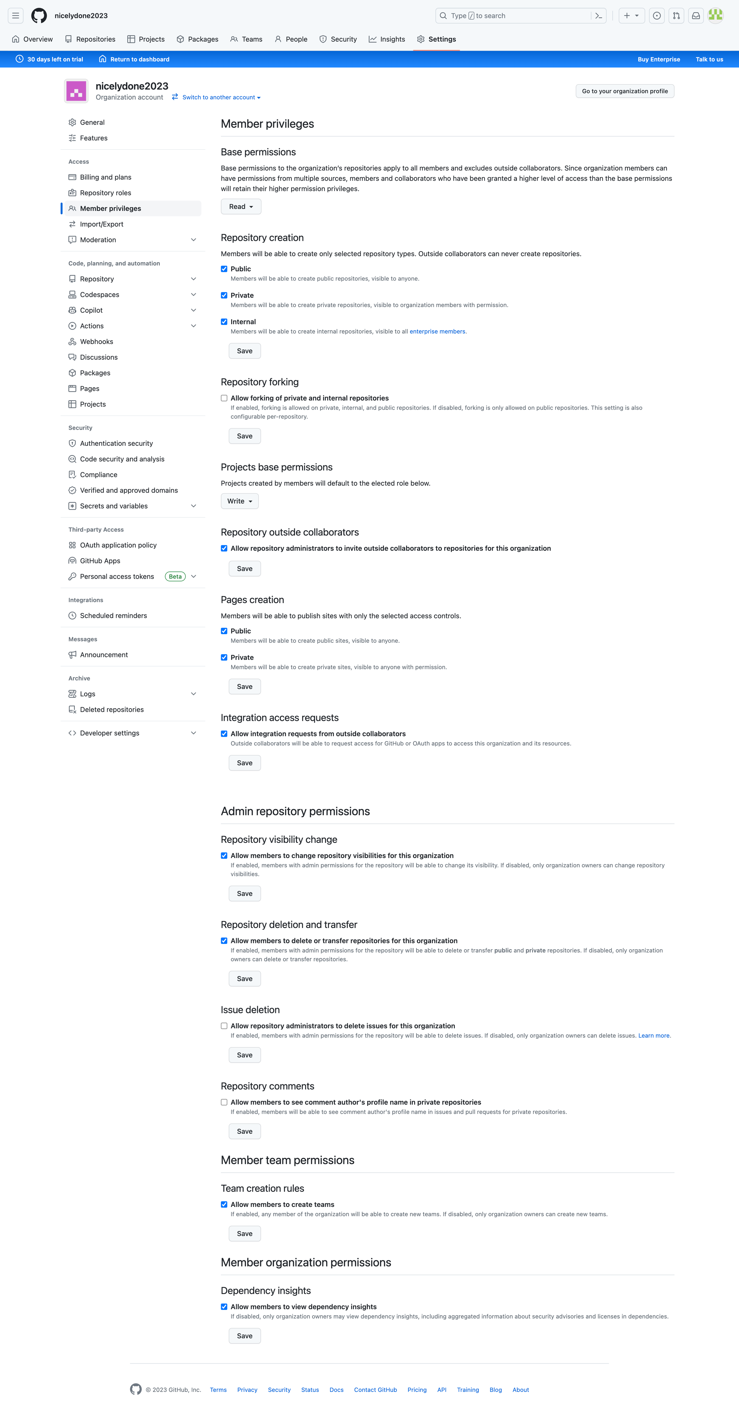 Github - Member privileges screen