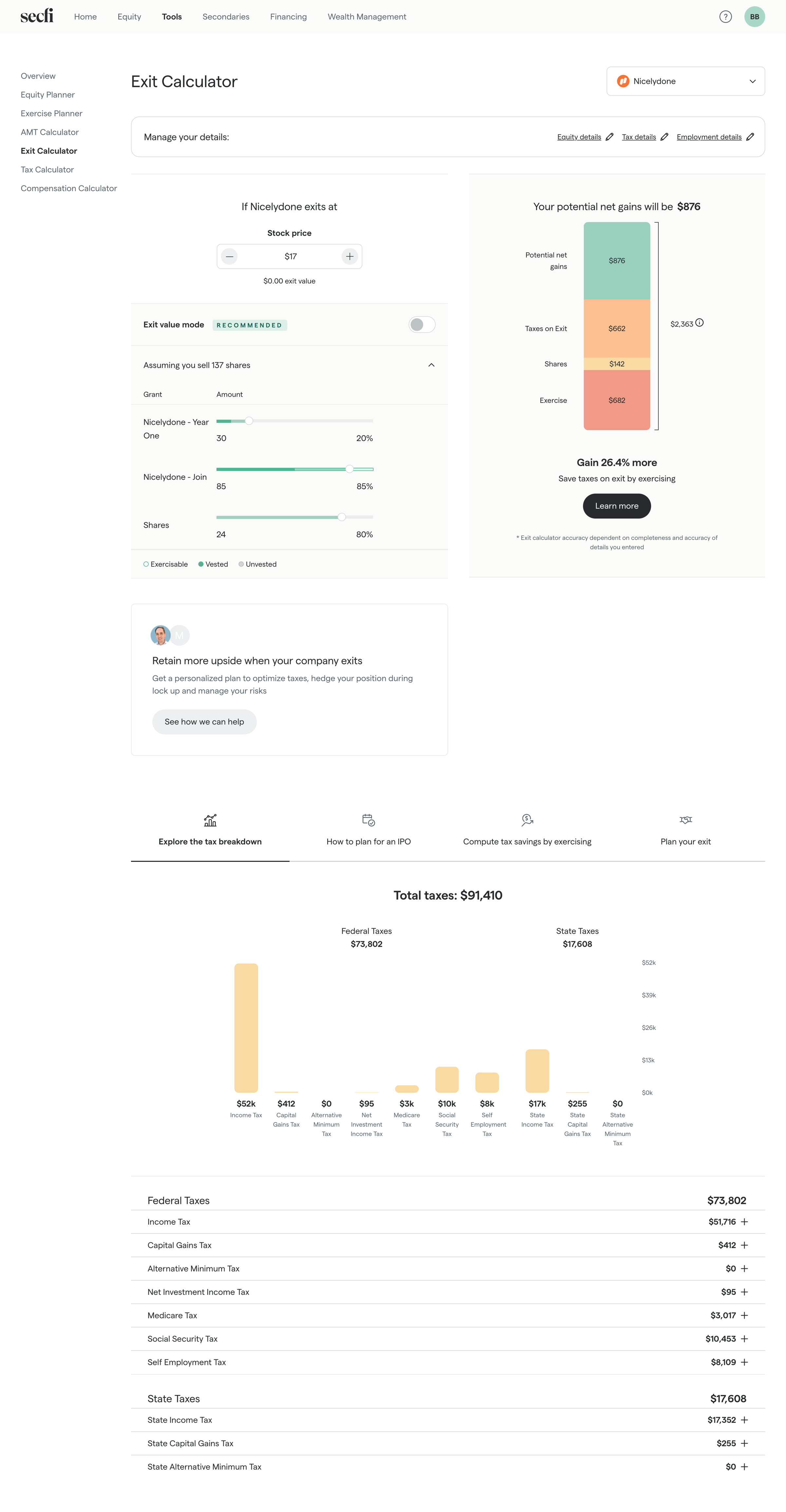 Secfi - Exit Calculator | Secfi screen