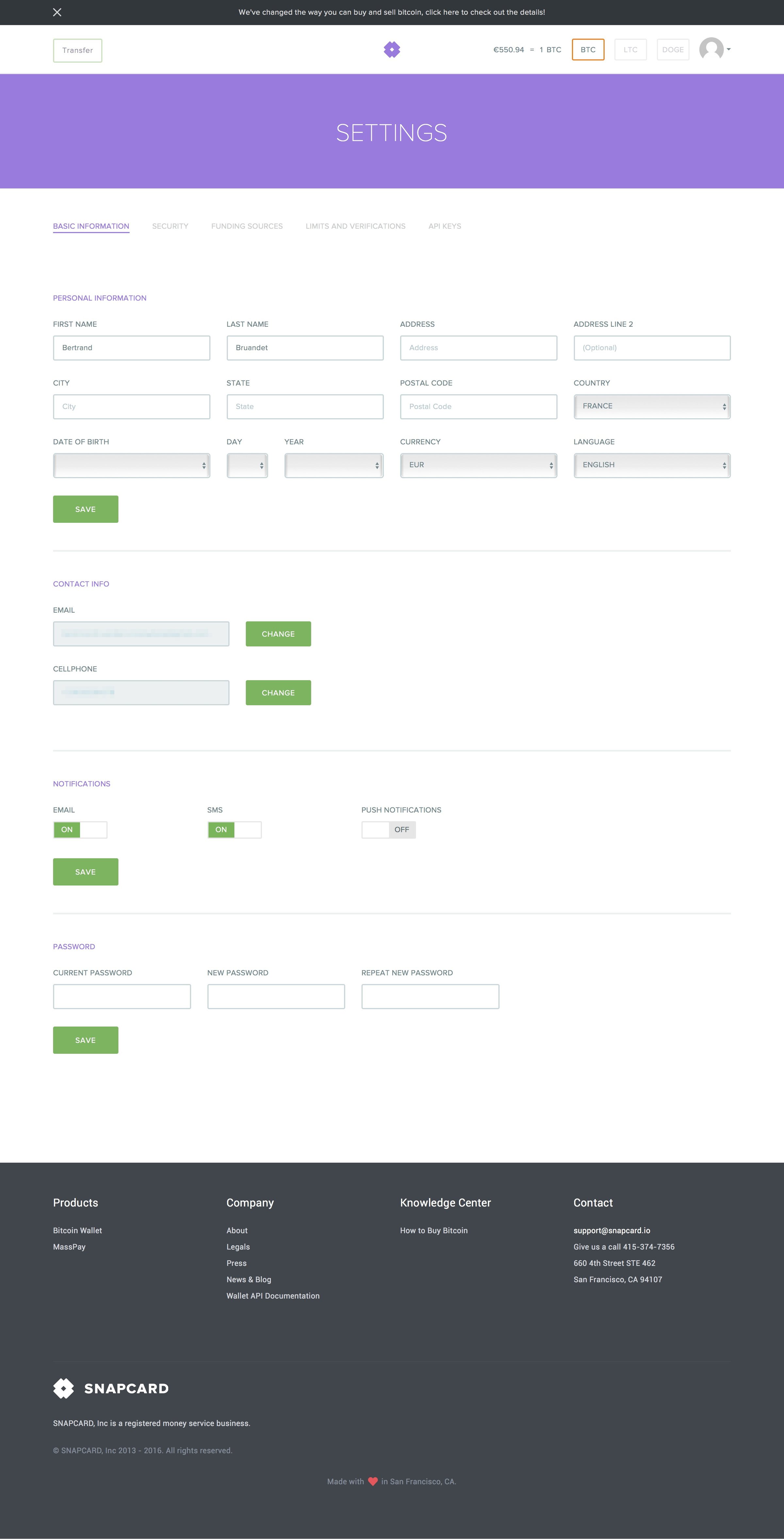 Snapcard - Settings screen
