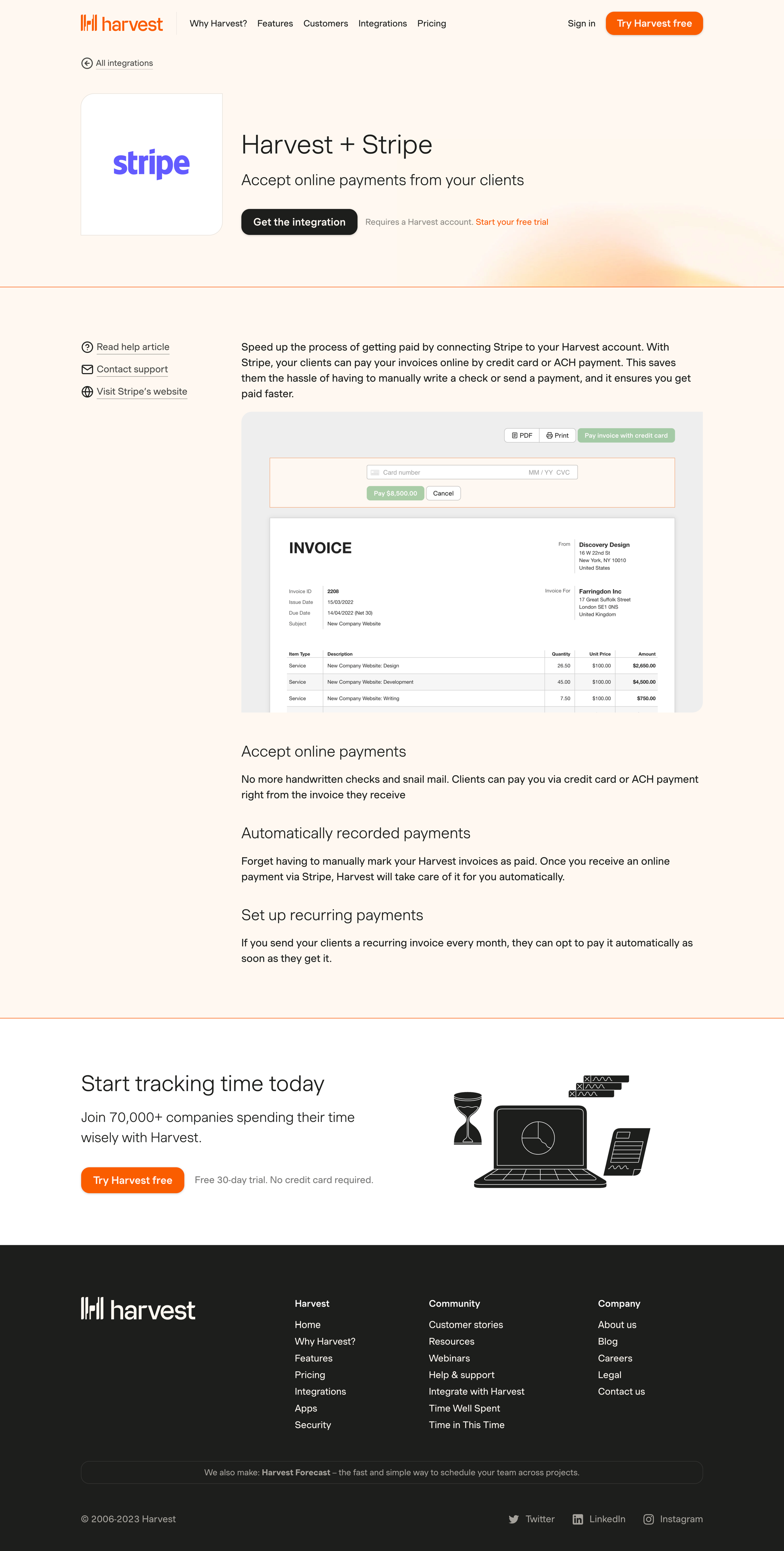Harvest - Stripe Invoicing Integration - Harvest screen
