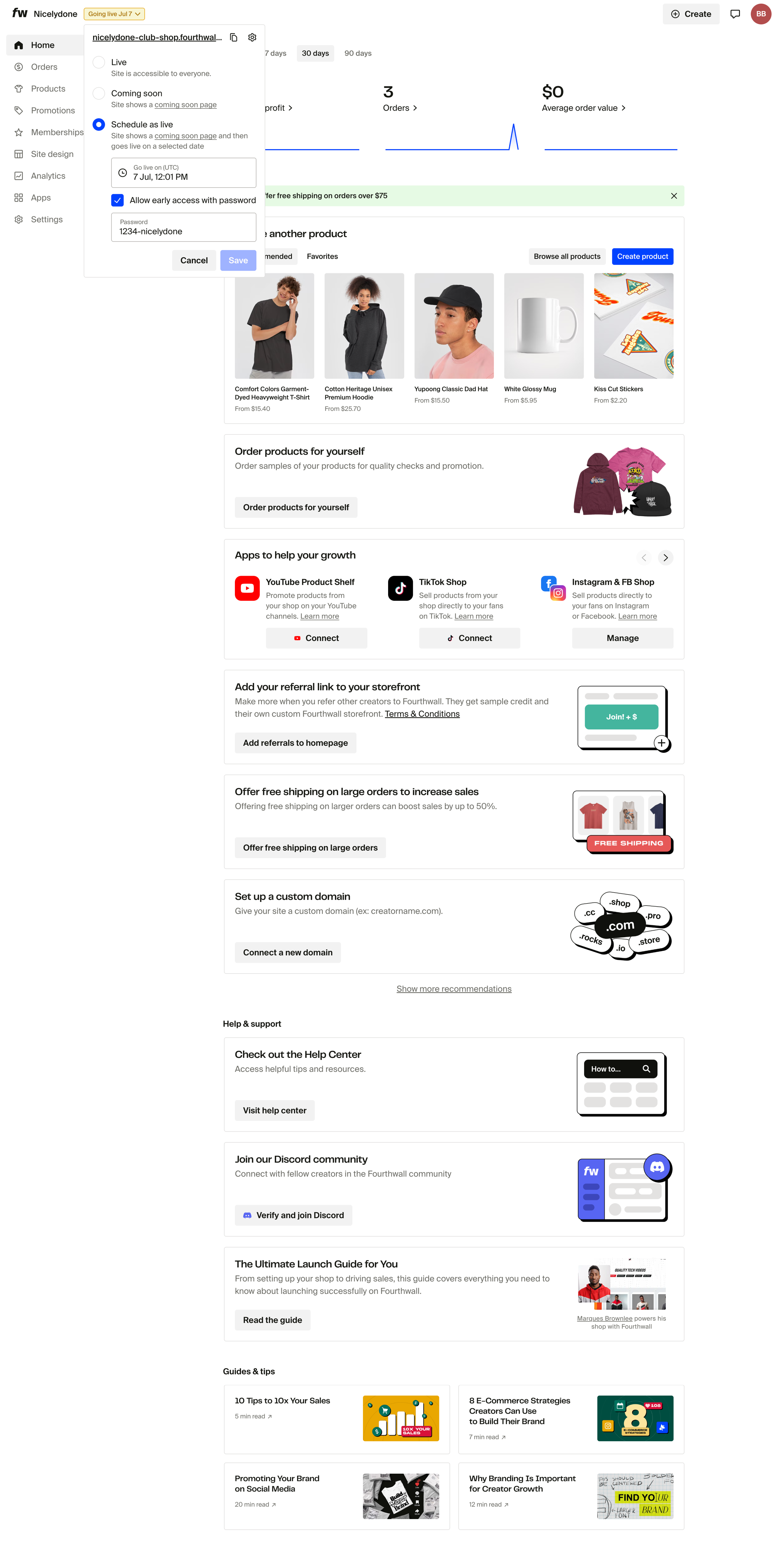 Fourthwall - Dashboard screen