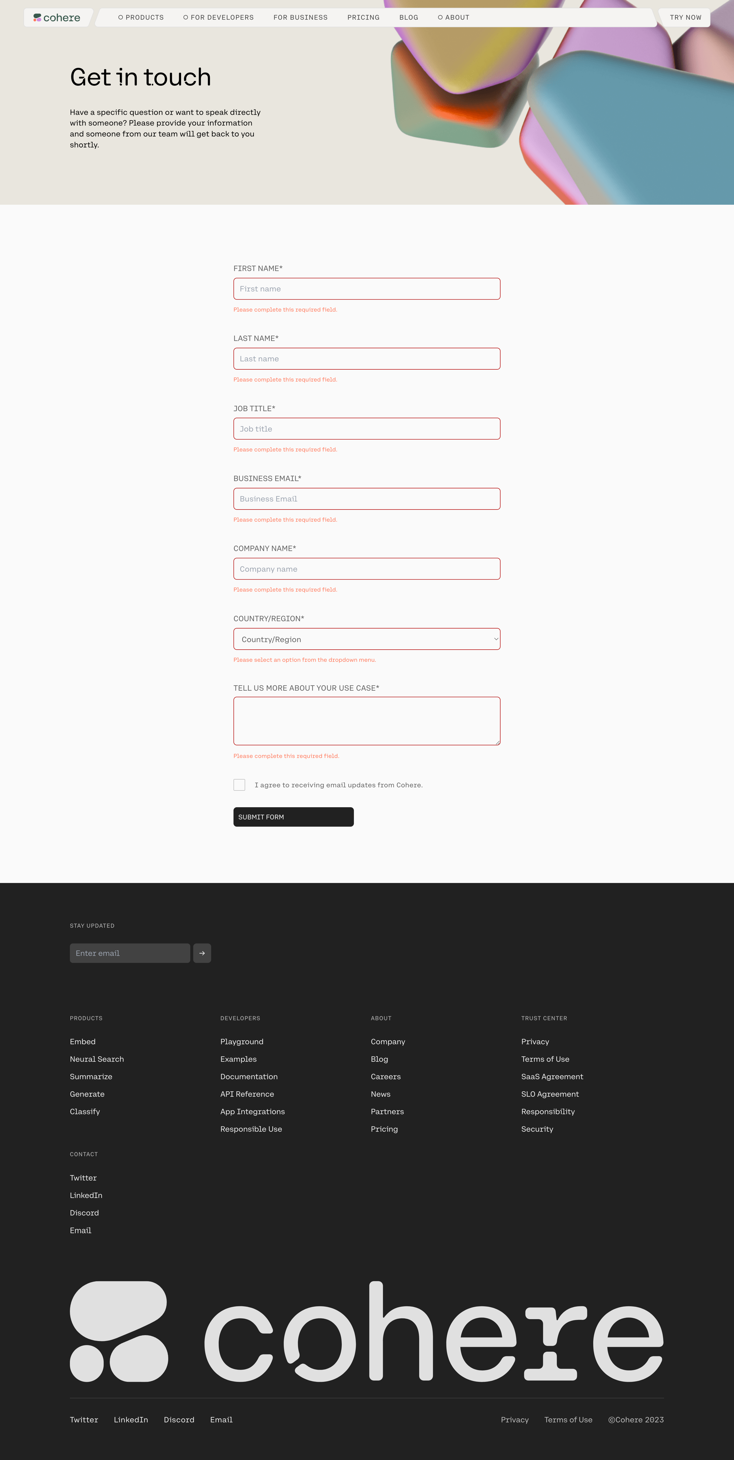 Cohere - Contact Sales - Get in Touch with Coheres Team | Cohere screen