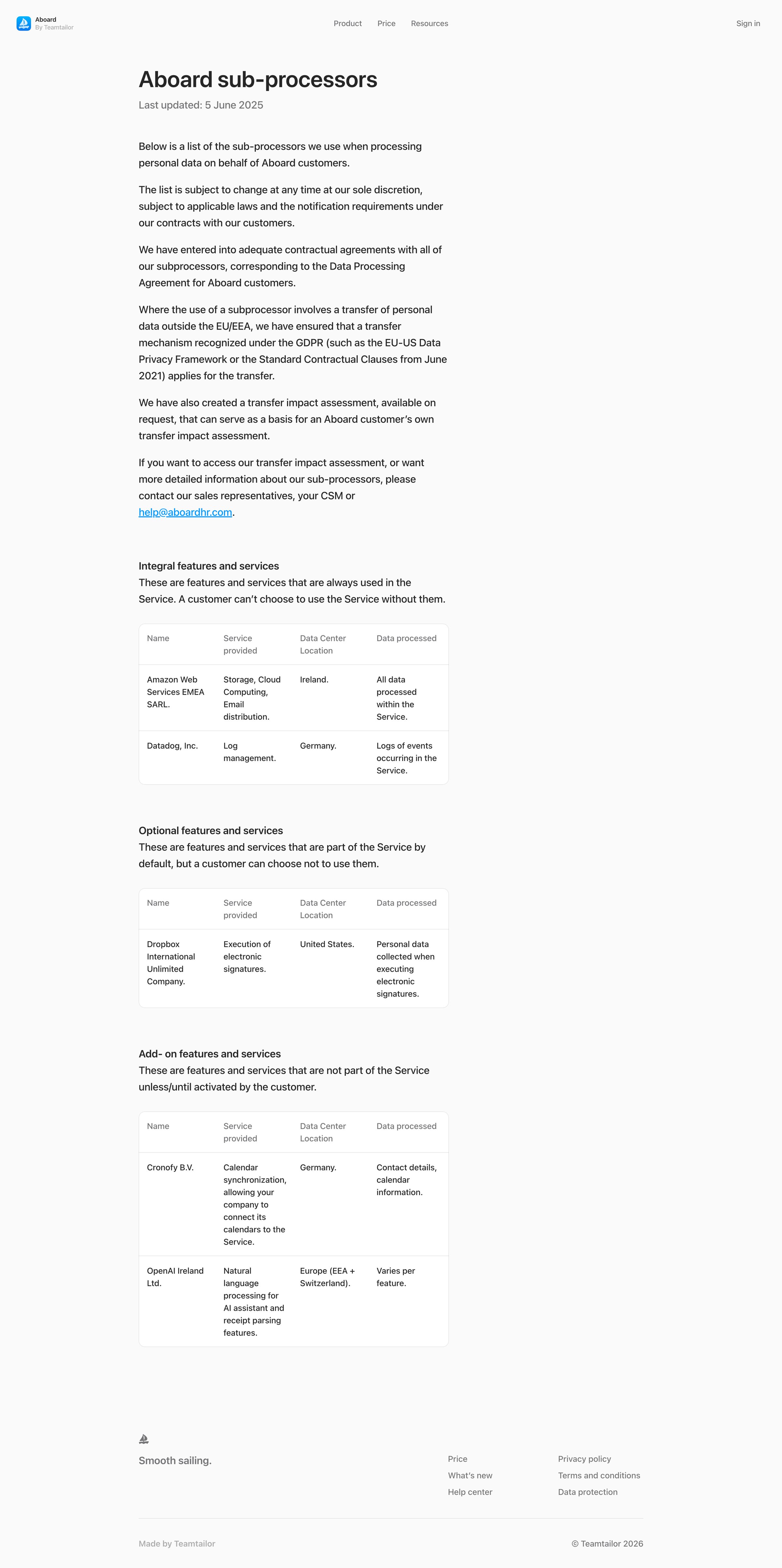 Aboard - Sub-processors — Aboard screen