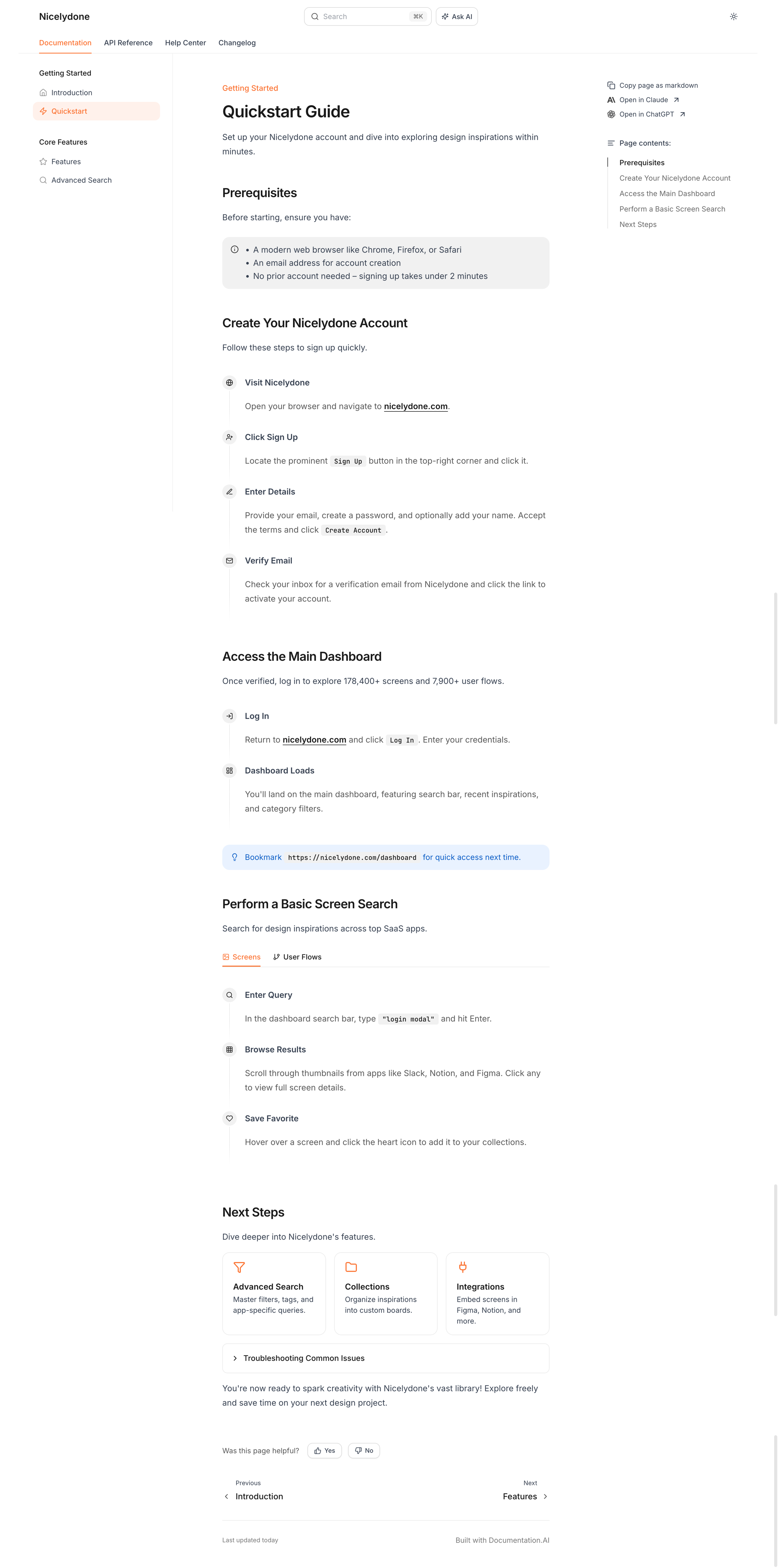 Documentation.AI - Quickstart Guide - Nicelydone screen