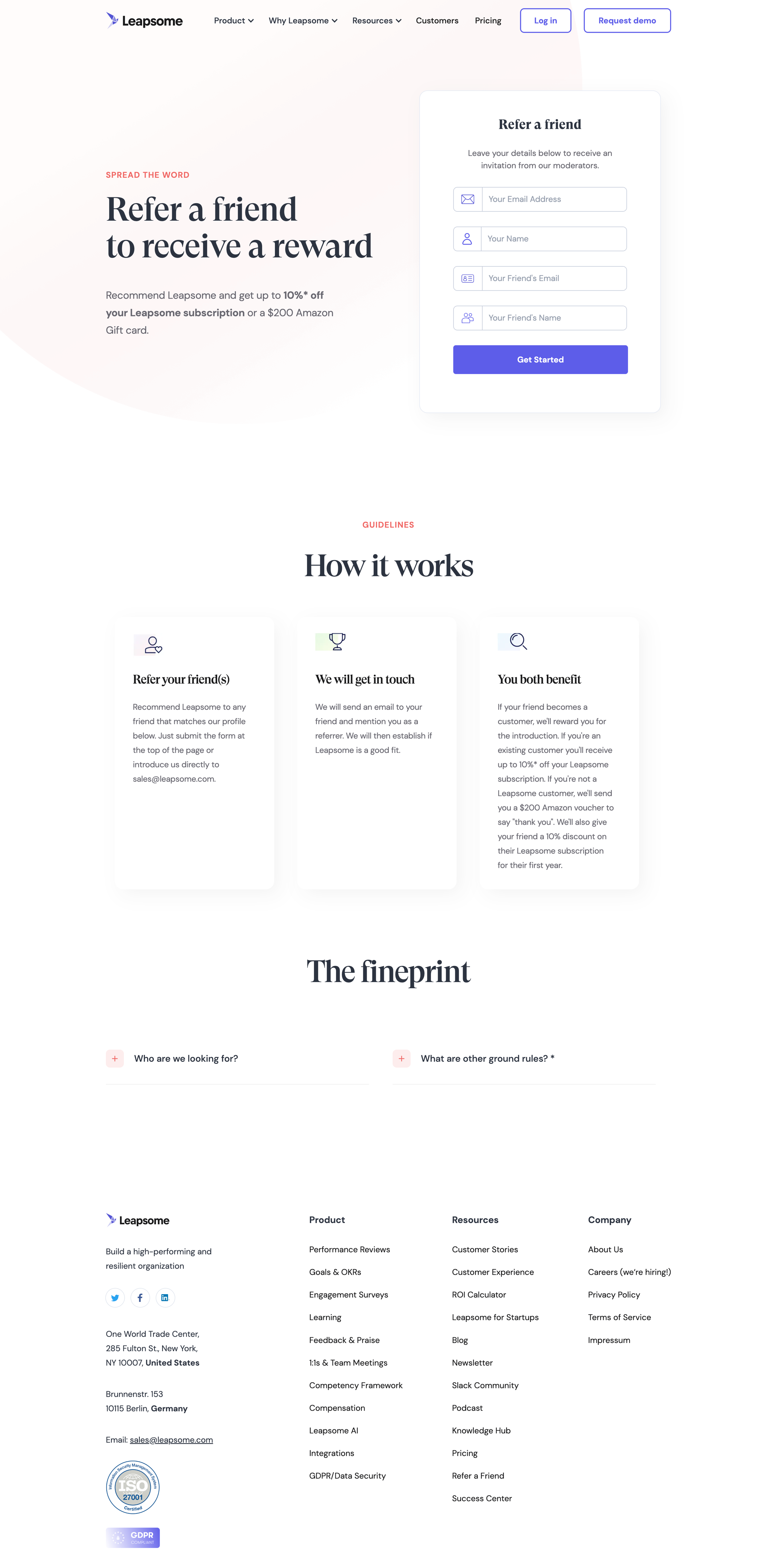 Recommend a friend to receive a reward | Leapsome from Leapsome