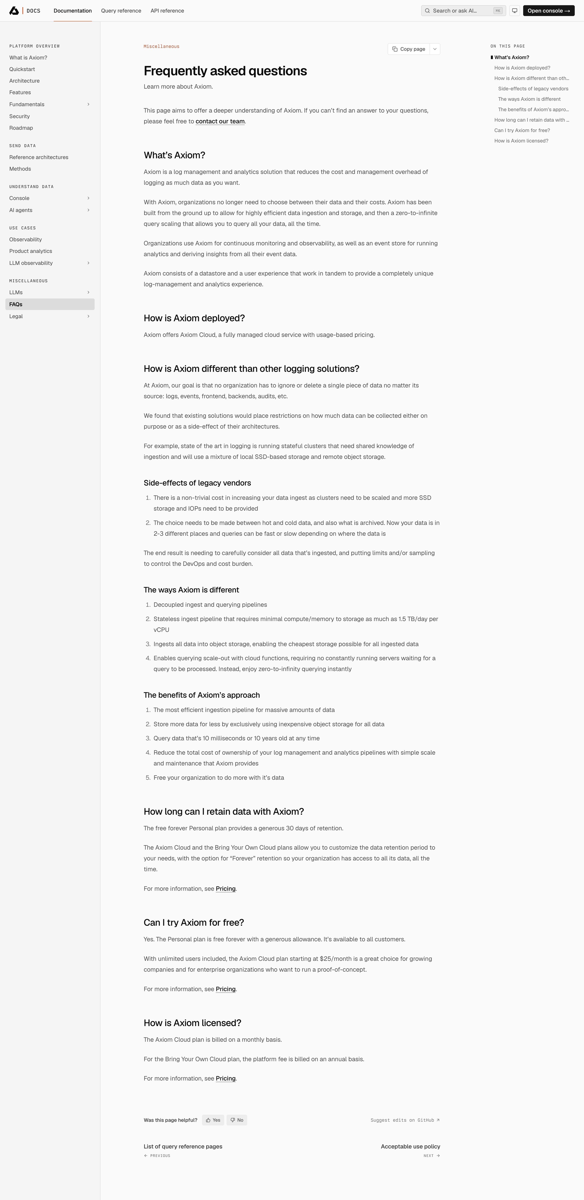Axiom - Frequently asked questions | Axiom Docs screen
