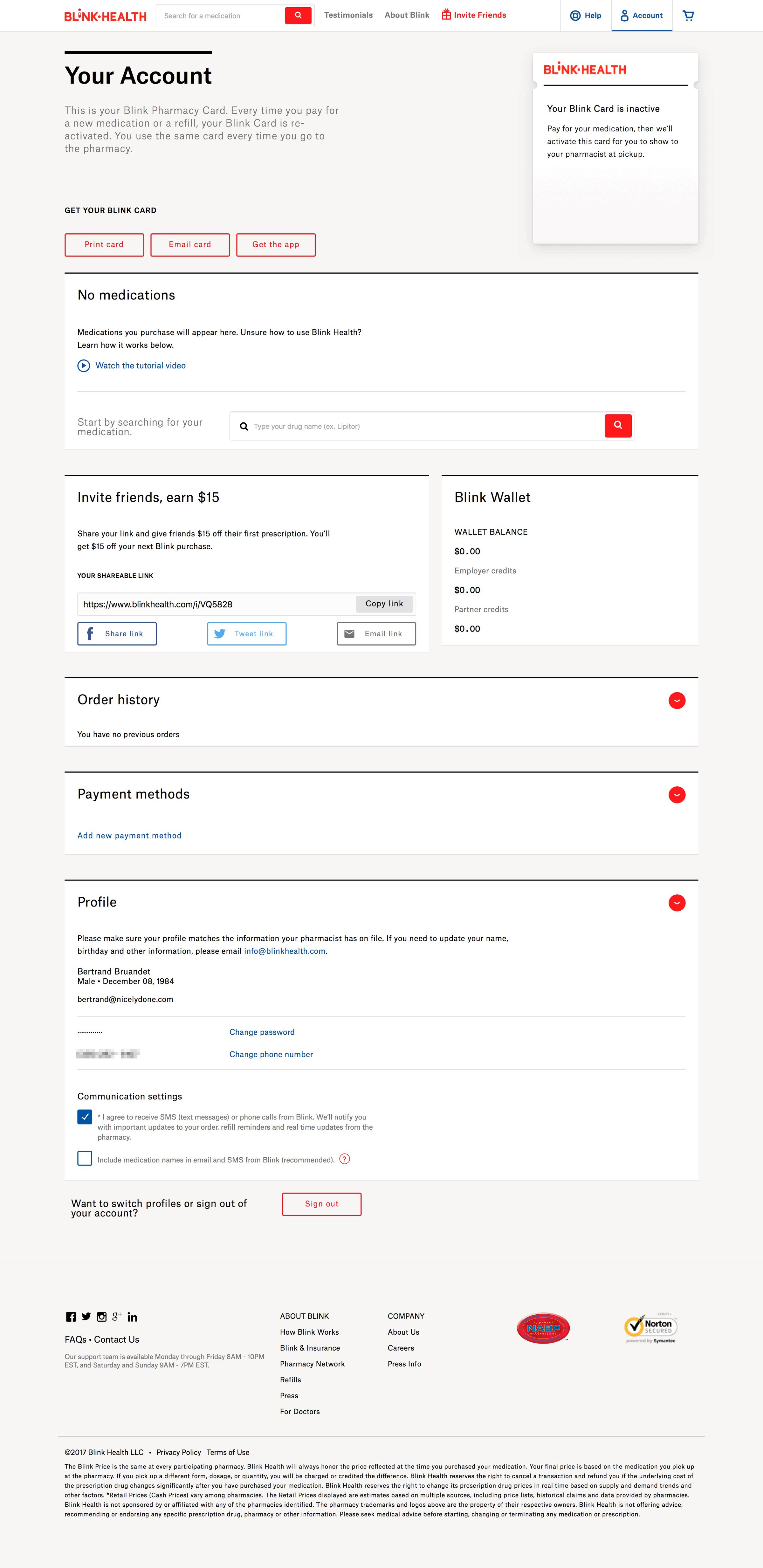 Blink Health - Account settings screen