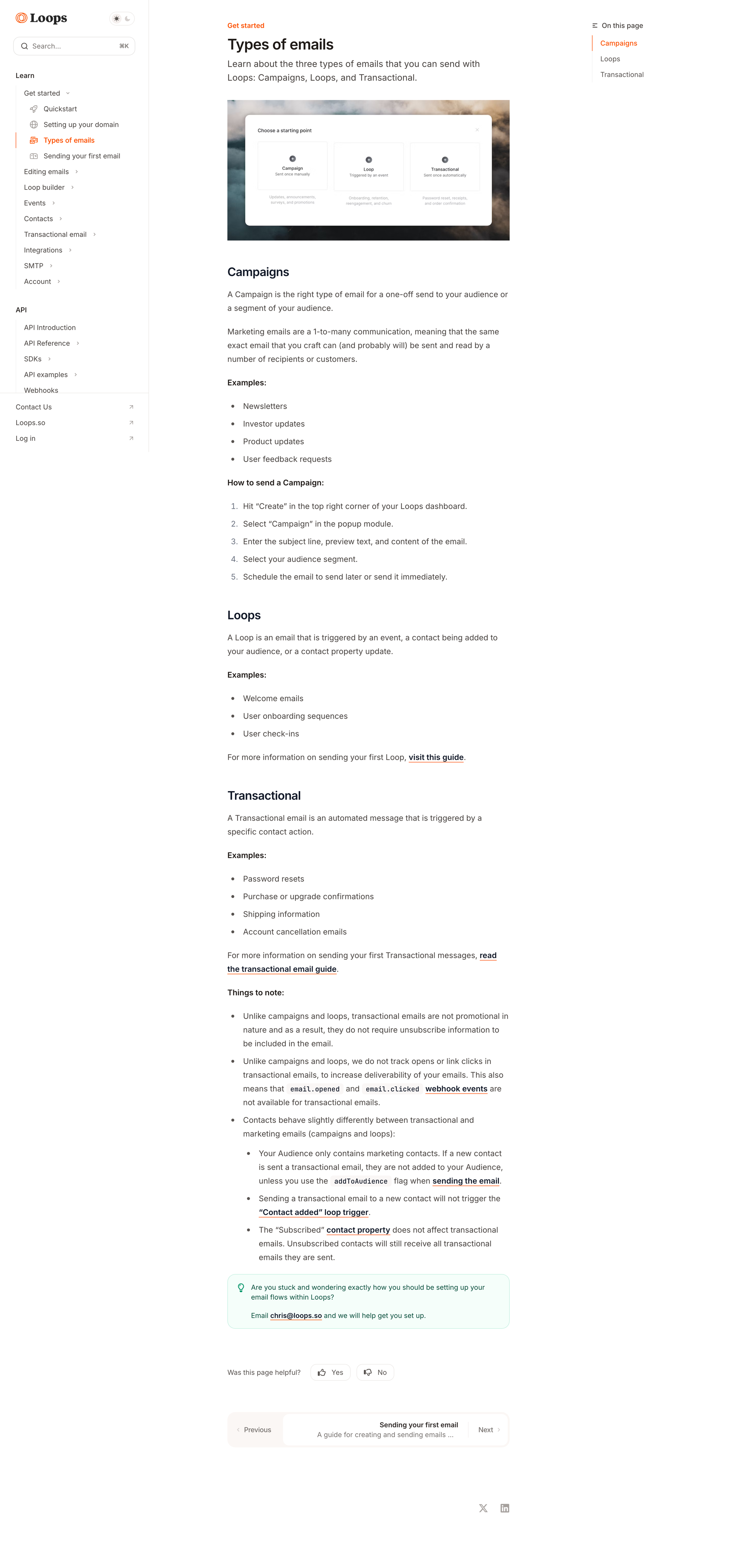 Loops - Types of emails - Loops screen