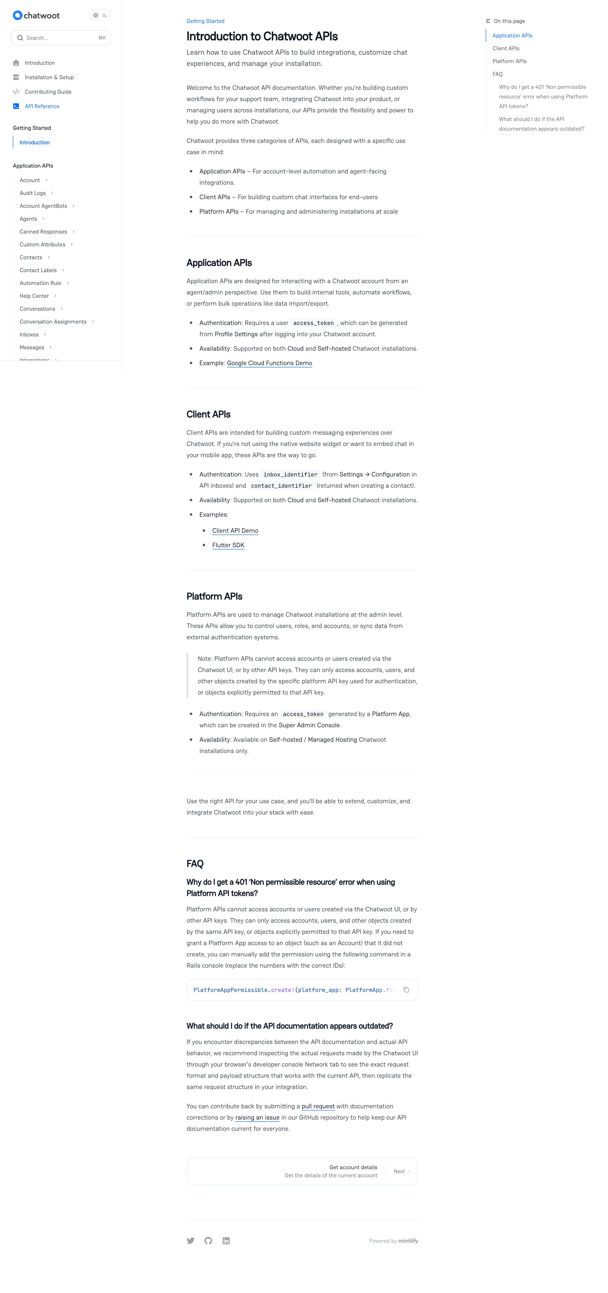 Chatwoot - Introduction to Chatwoot APIs - Chatwoot Developer Docs screen