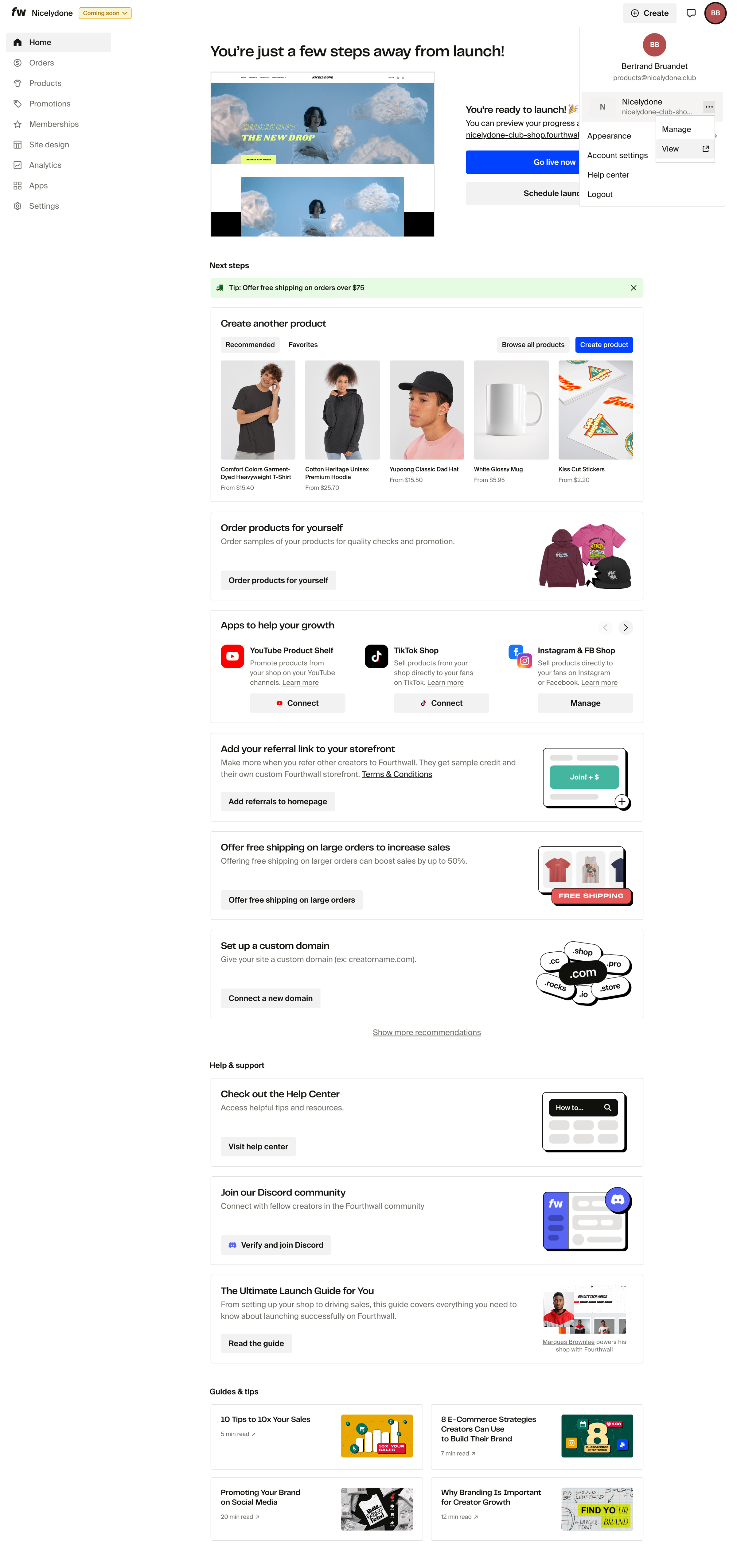 Fourthwall - Dashboard screen