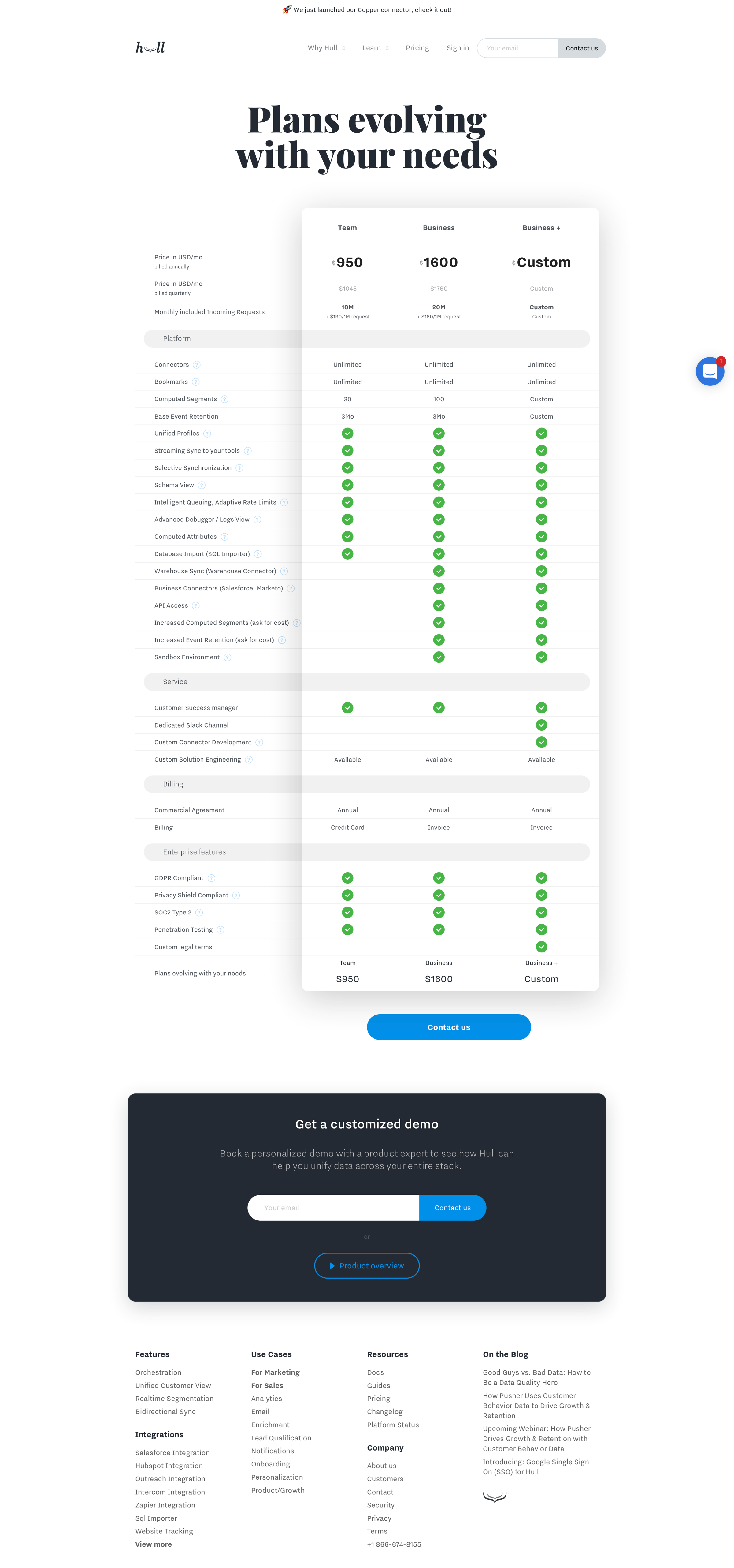 Hull - Pricing - Customer Data Platform Cost screen