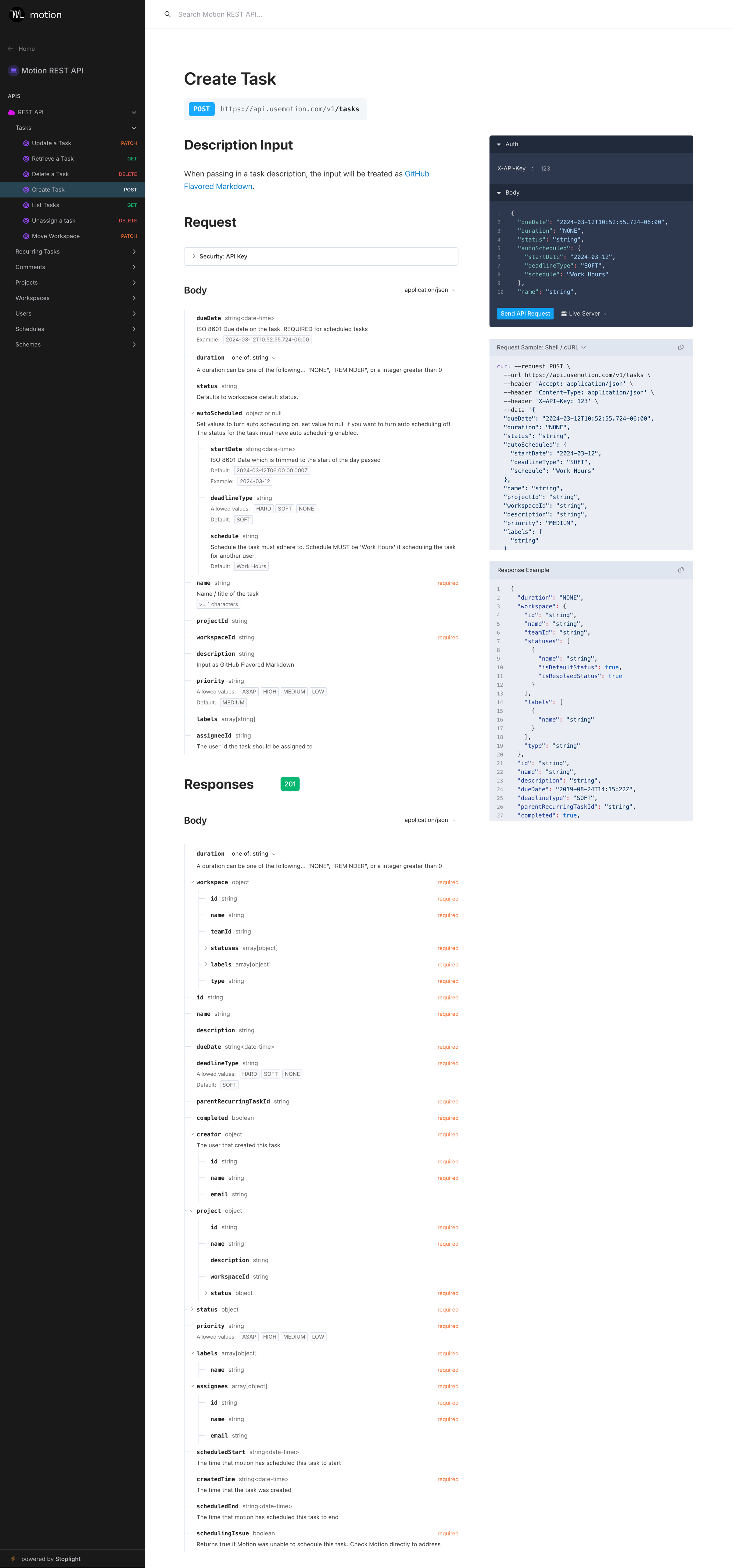 Motion - Create Task | Motion REST API screen