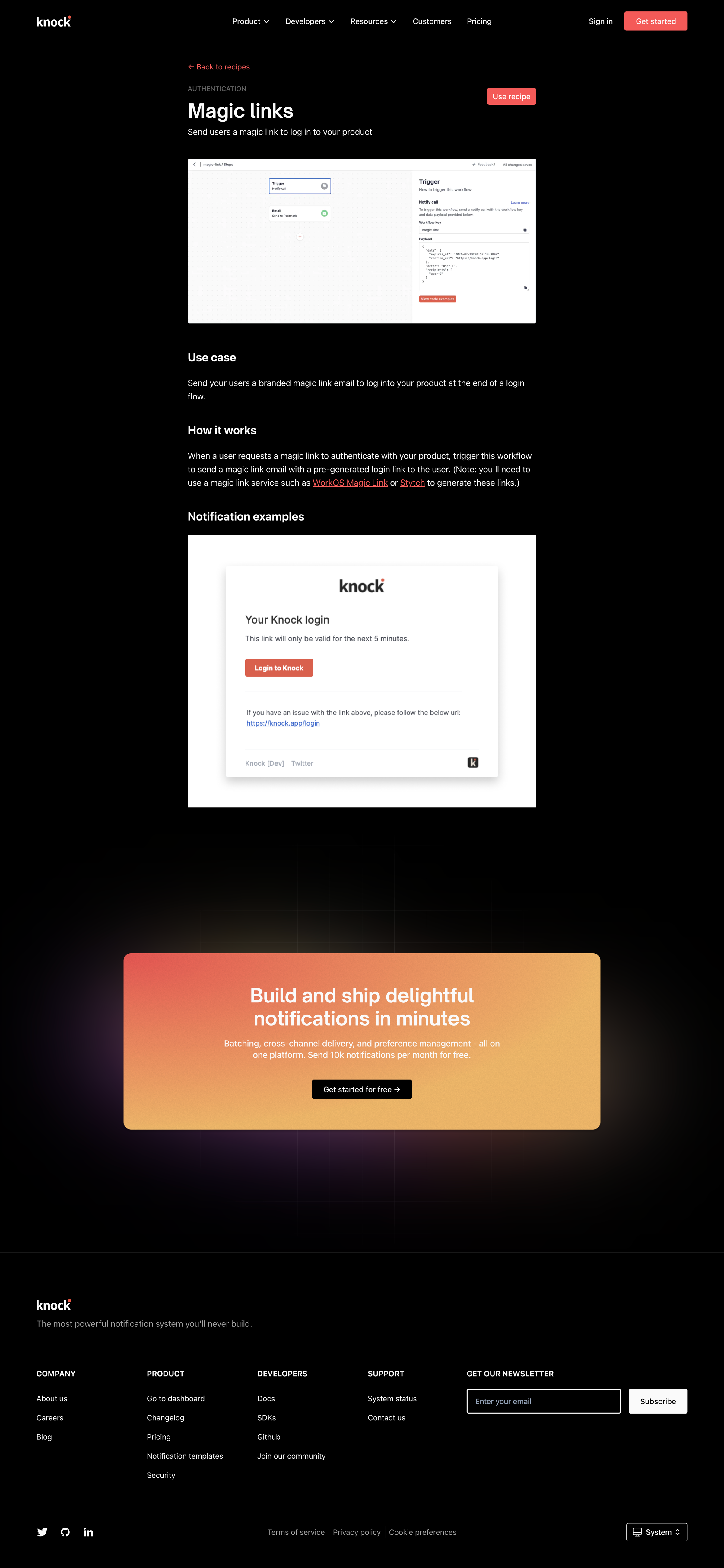 Knock - Magic links | Notification recipes Knock screen