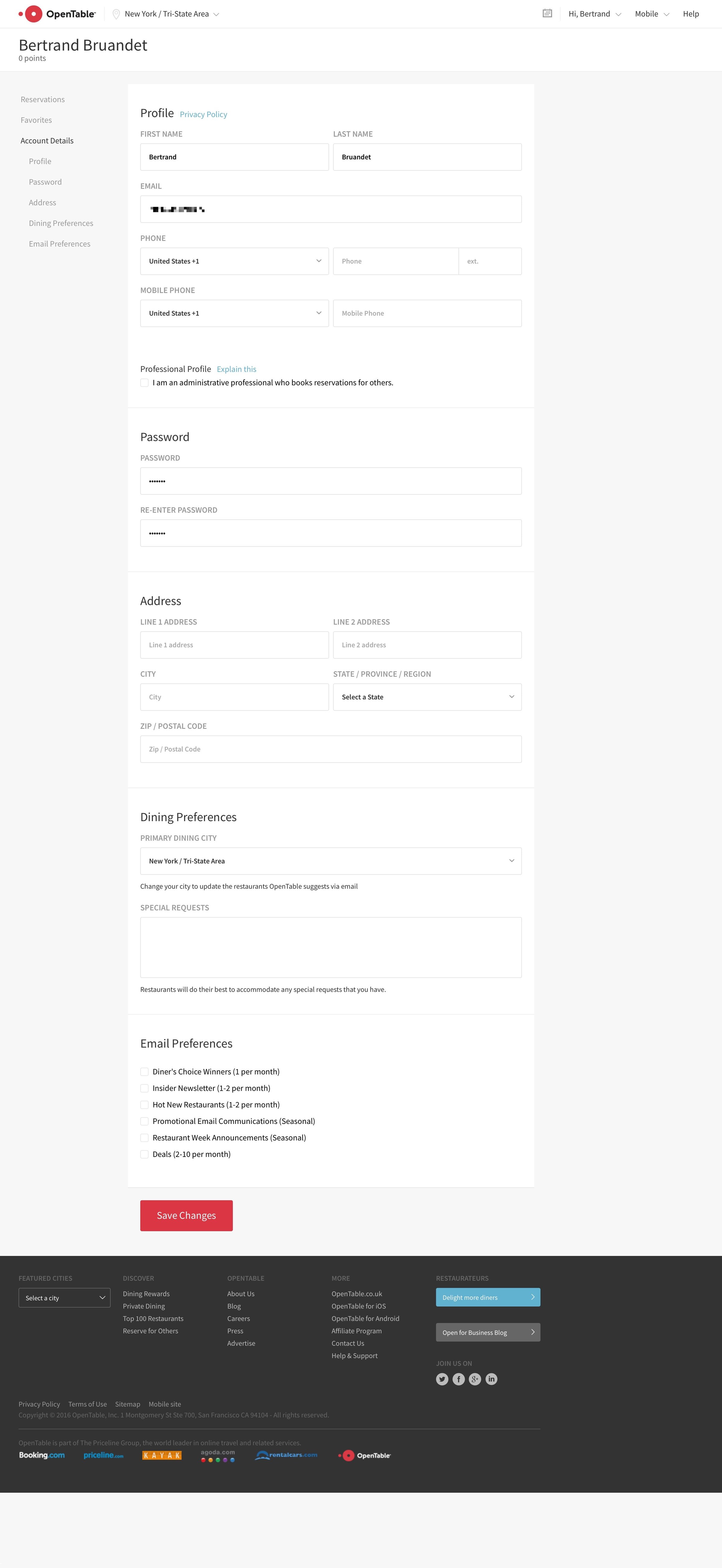 OpenTable - Settings screen