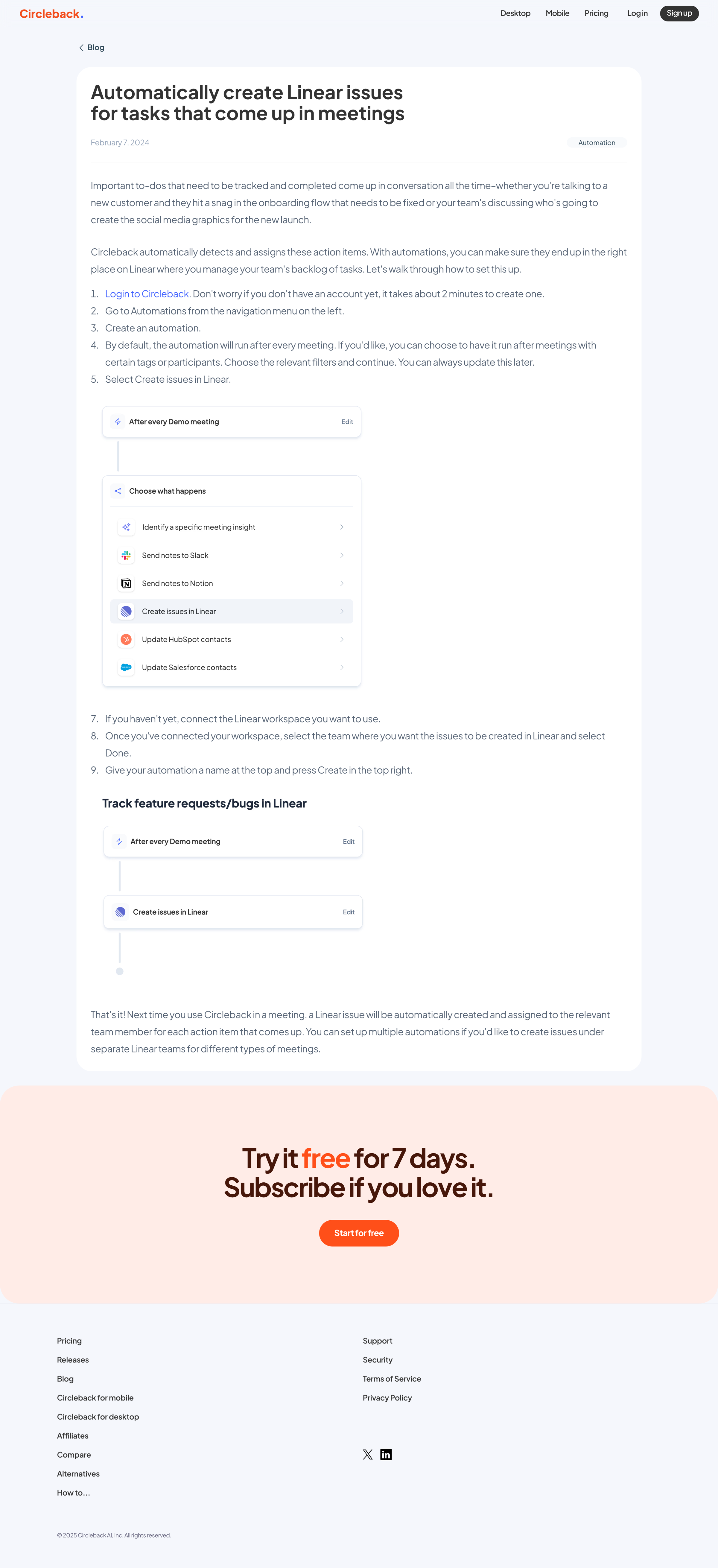 Circleback - Automatically create Linear issues for tasks that come up in meetings - Circleback screen