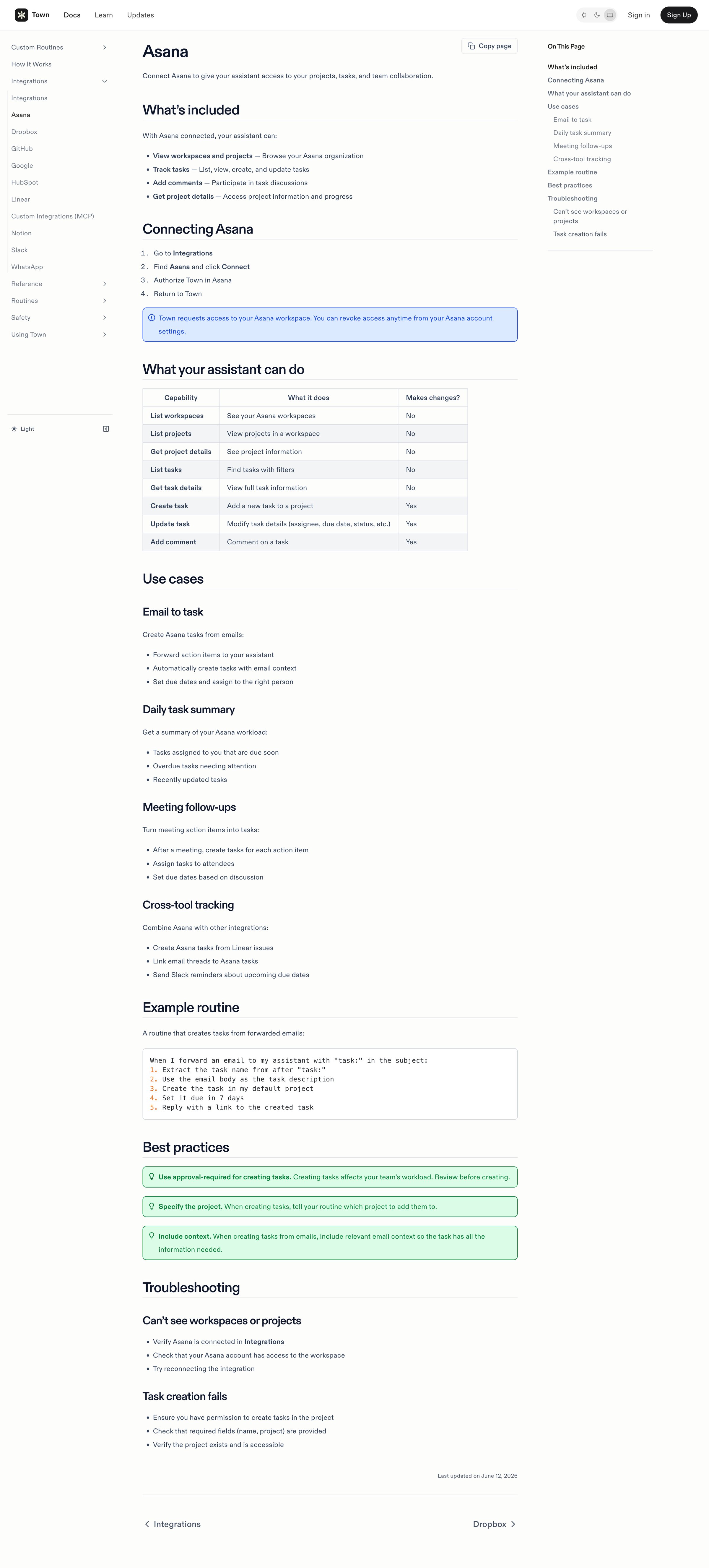 Town - Asana – Town Docs screen