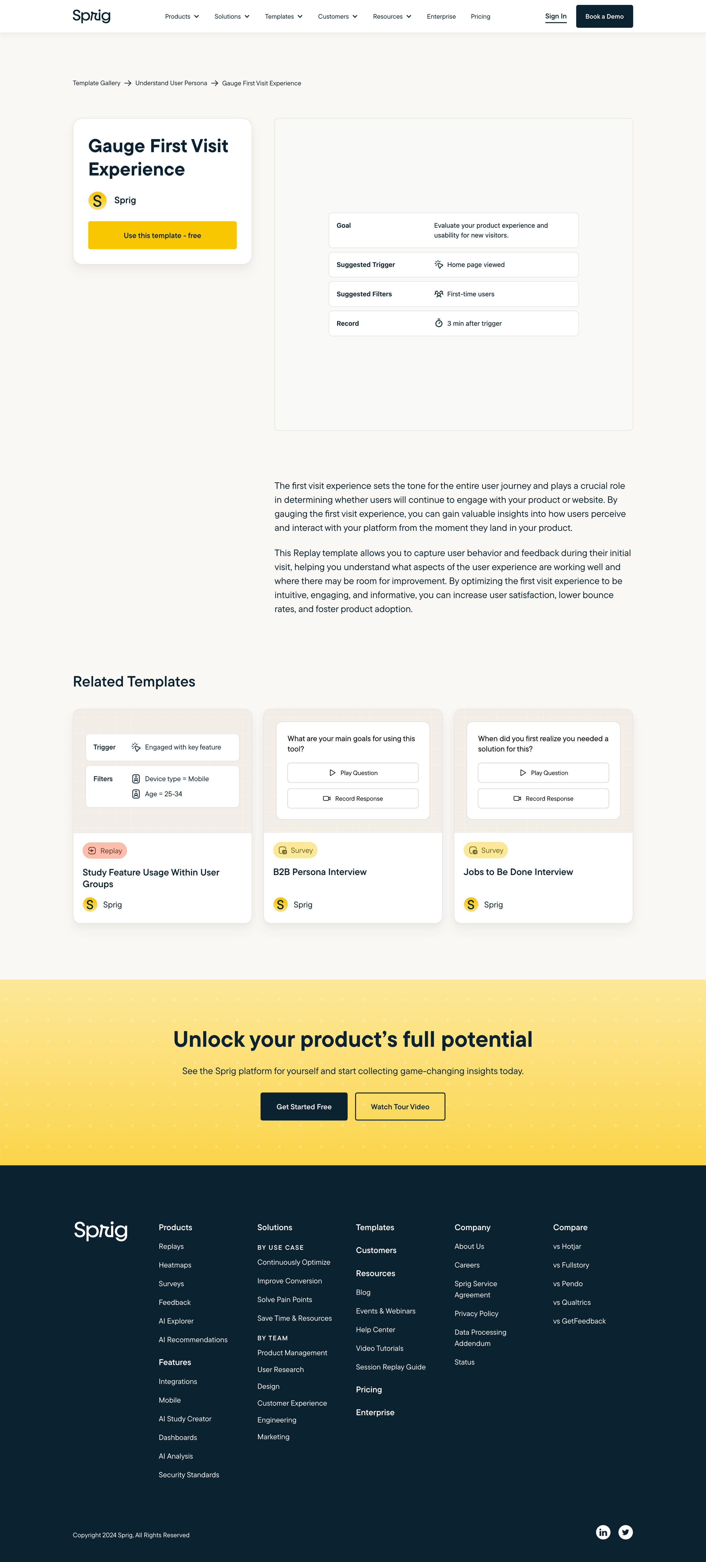 Sprig - Template to gauge first visit experience | Sprig Template Gallery screen