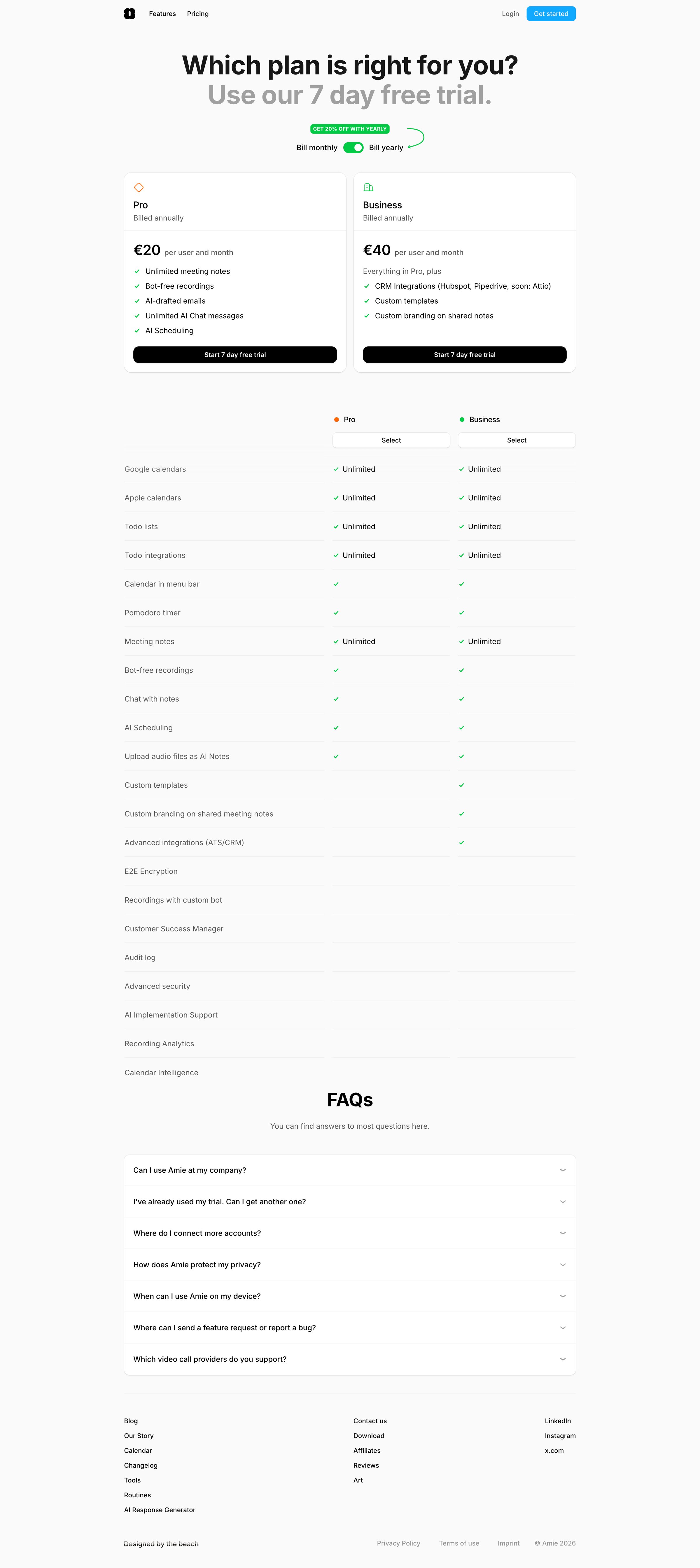 Amie - Amie - Pricing screen
