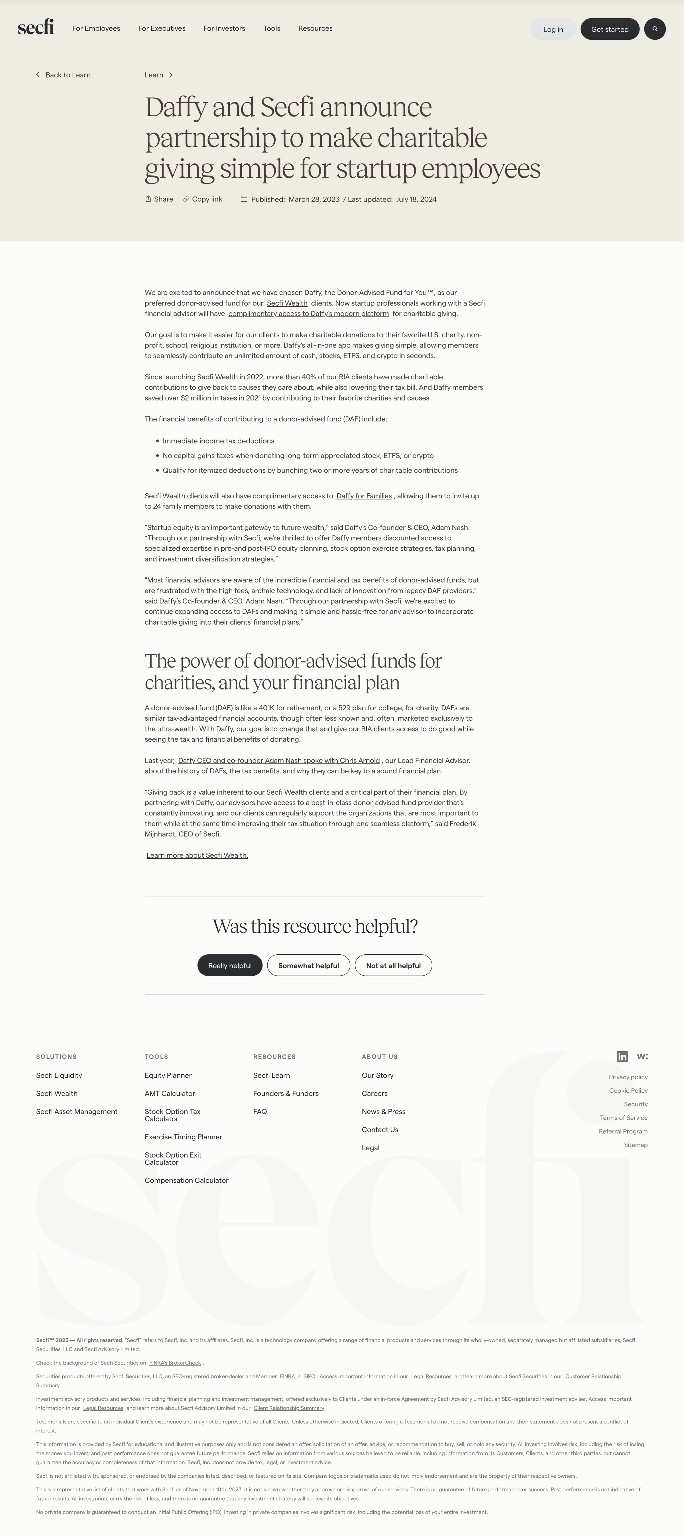 Secfi - Daffy | Secfi Partnership Simple Charitable Giving for Startup Emp screen