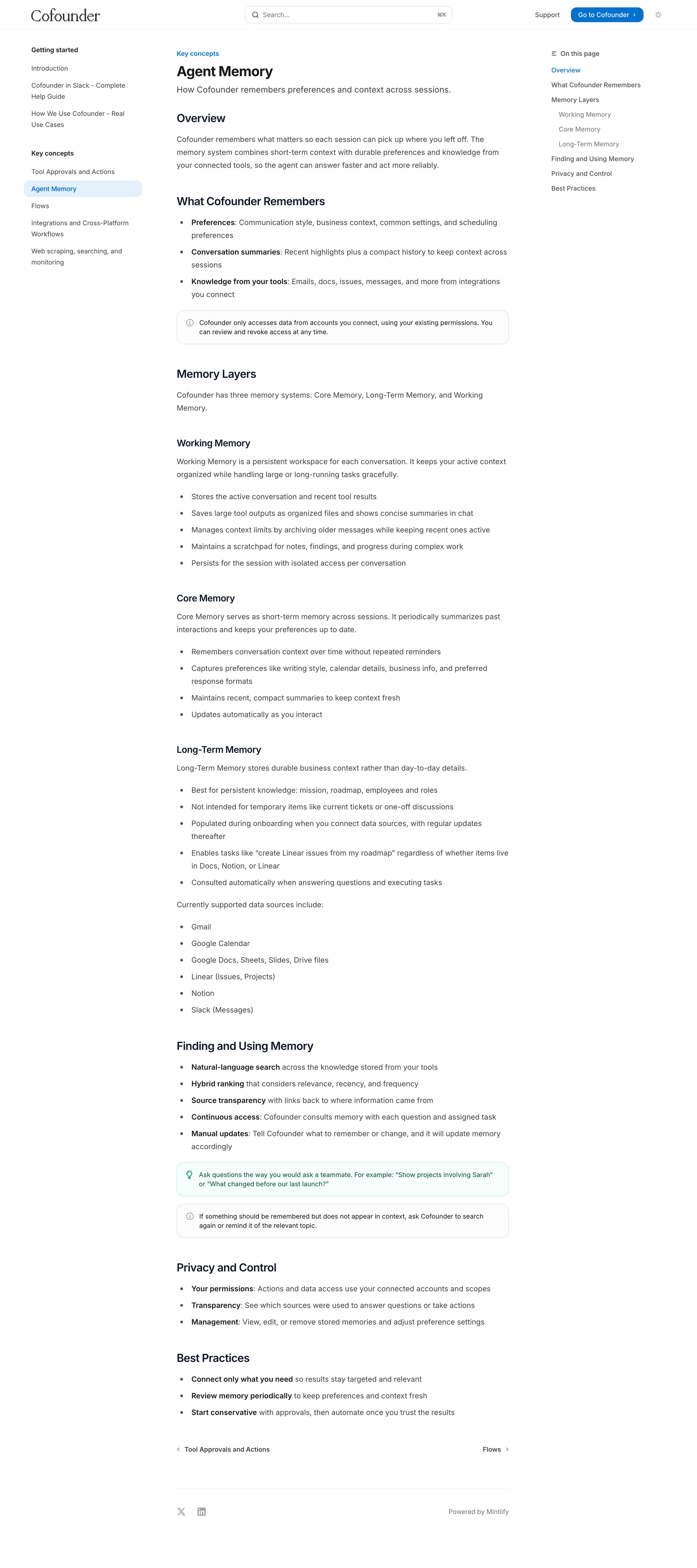 Cofounder - Agent Memory - Documentation screen