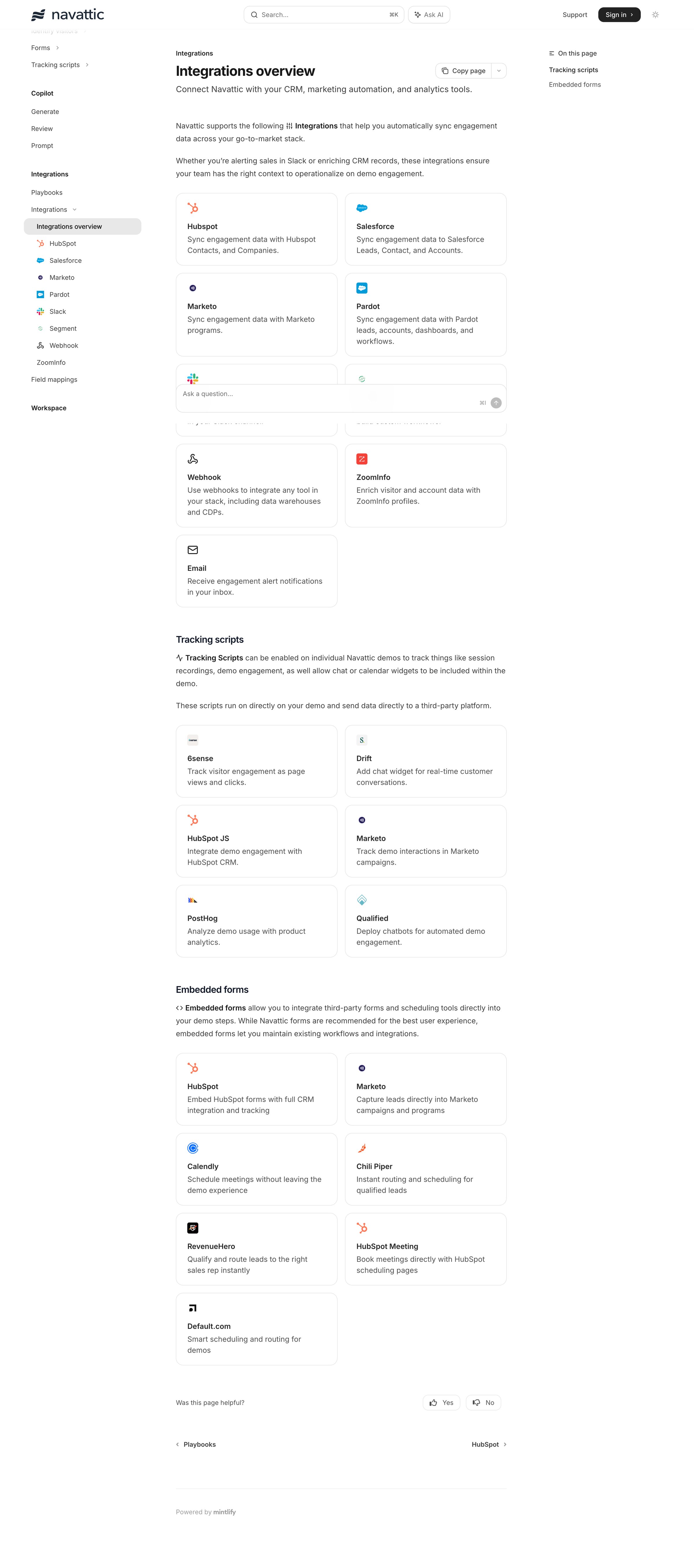 Navattic - Integrations overview - Navattic Documentation screen